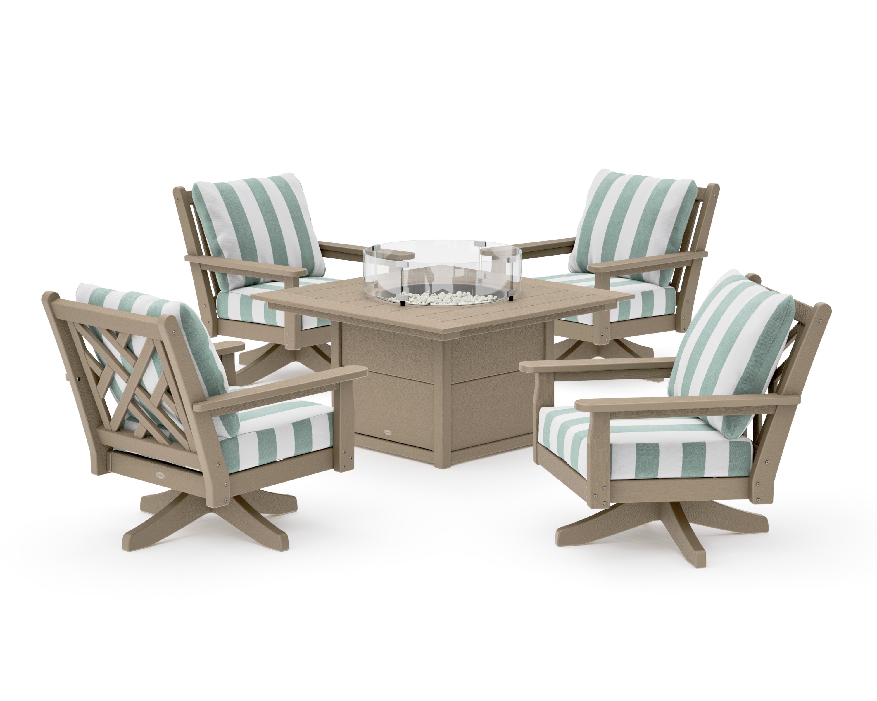 Chippendale 5-Piece Deep Seating Swivel Conversation Set with Fire Pit Table in Vintage Sahara / Cabana Stripe Glacier Spa