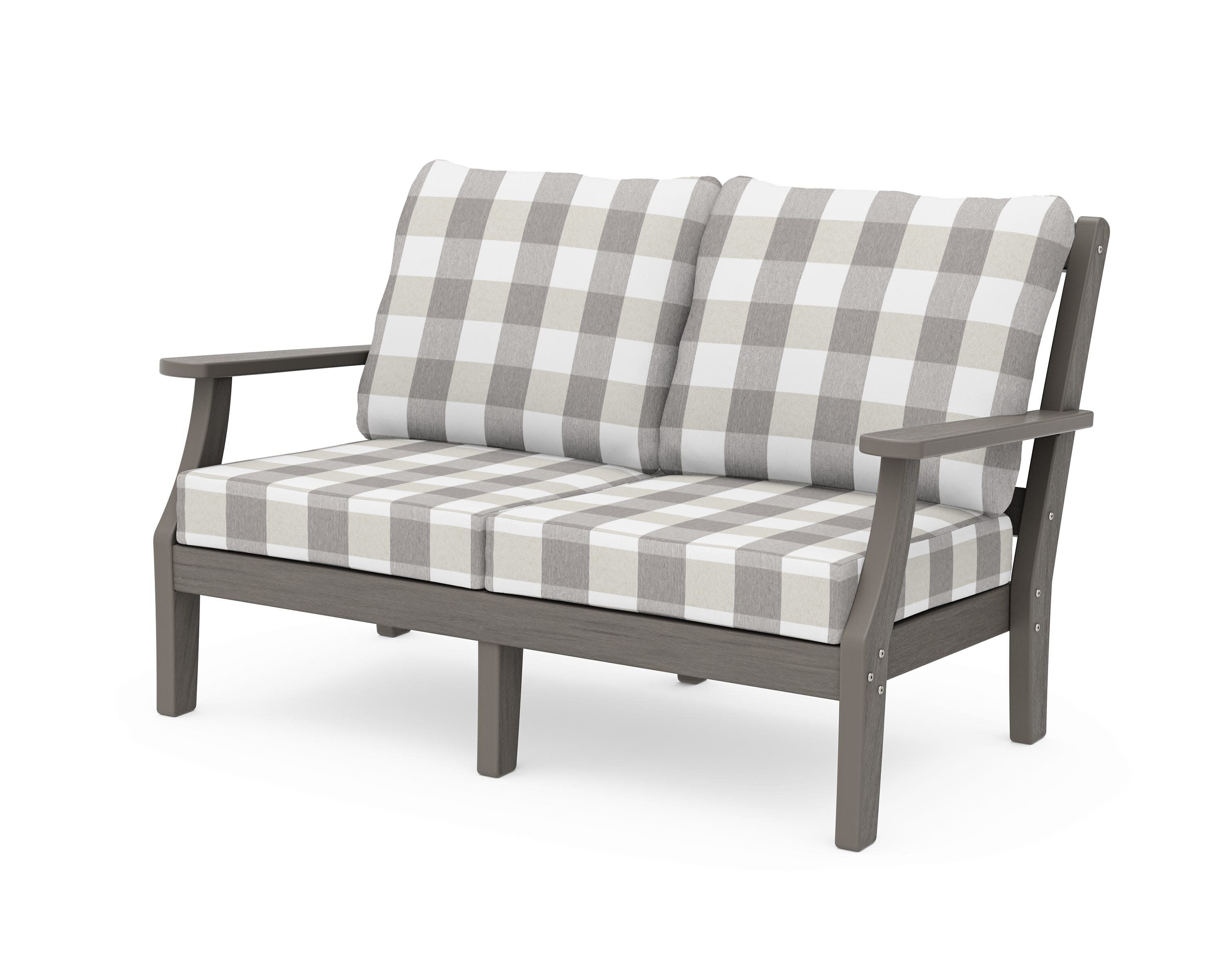 Chinoiserie Deep Seating Loveseat in Driftwood / Buffalo Plaid Grey Mist