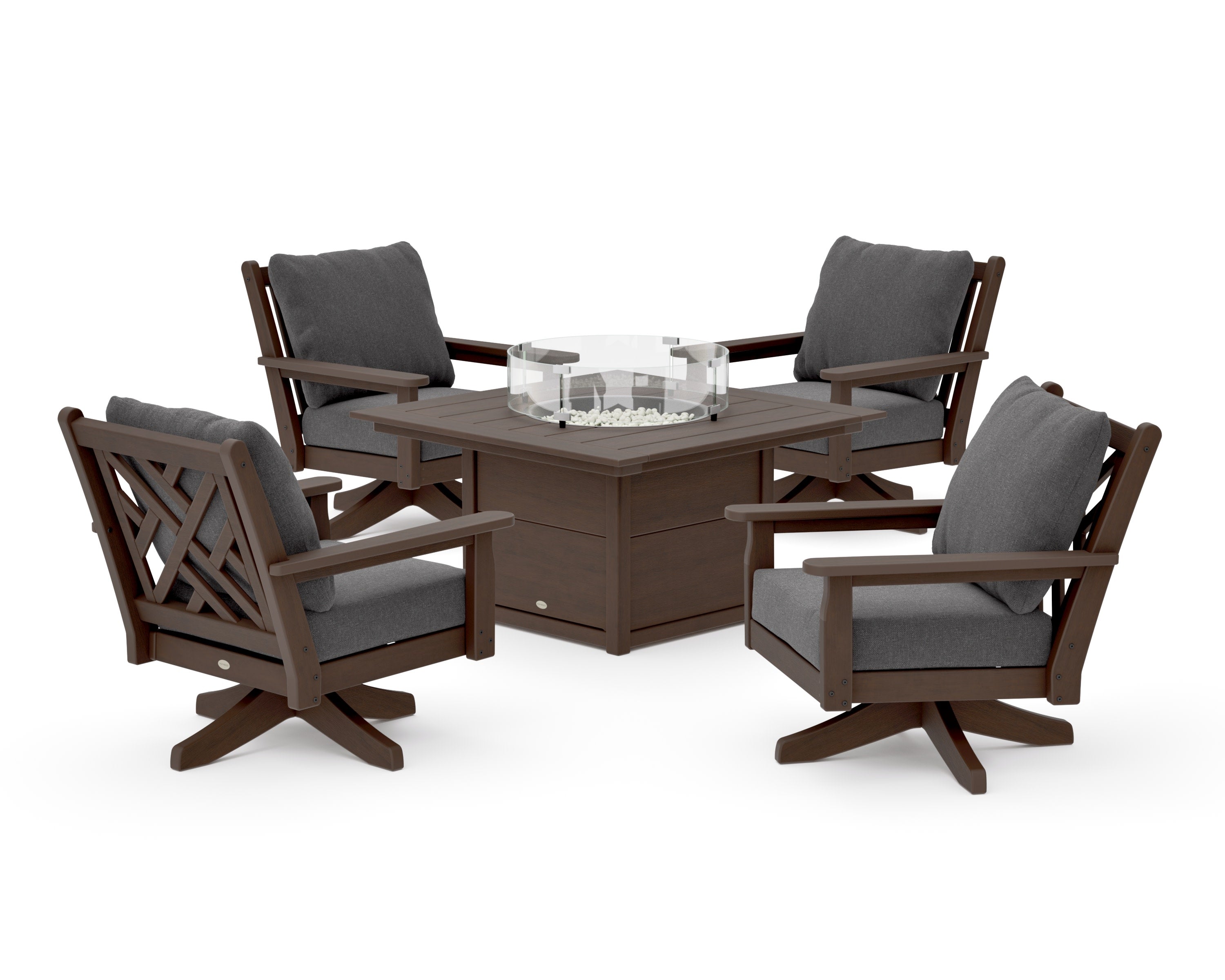 Chippendale 5-Piece Deep Seating Swivel Conversation Set with Fire Pit Table in Kona / Ash Charcoal
