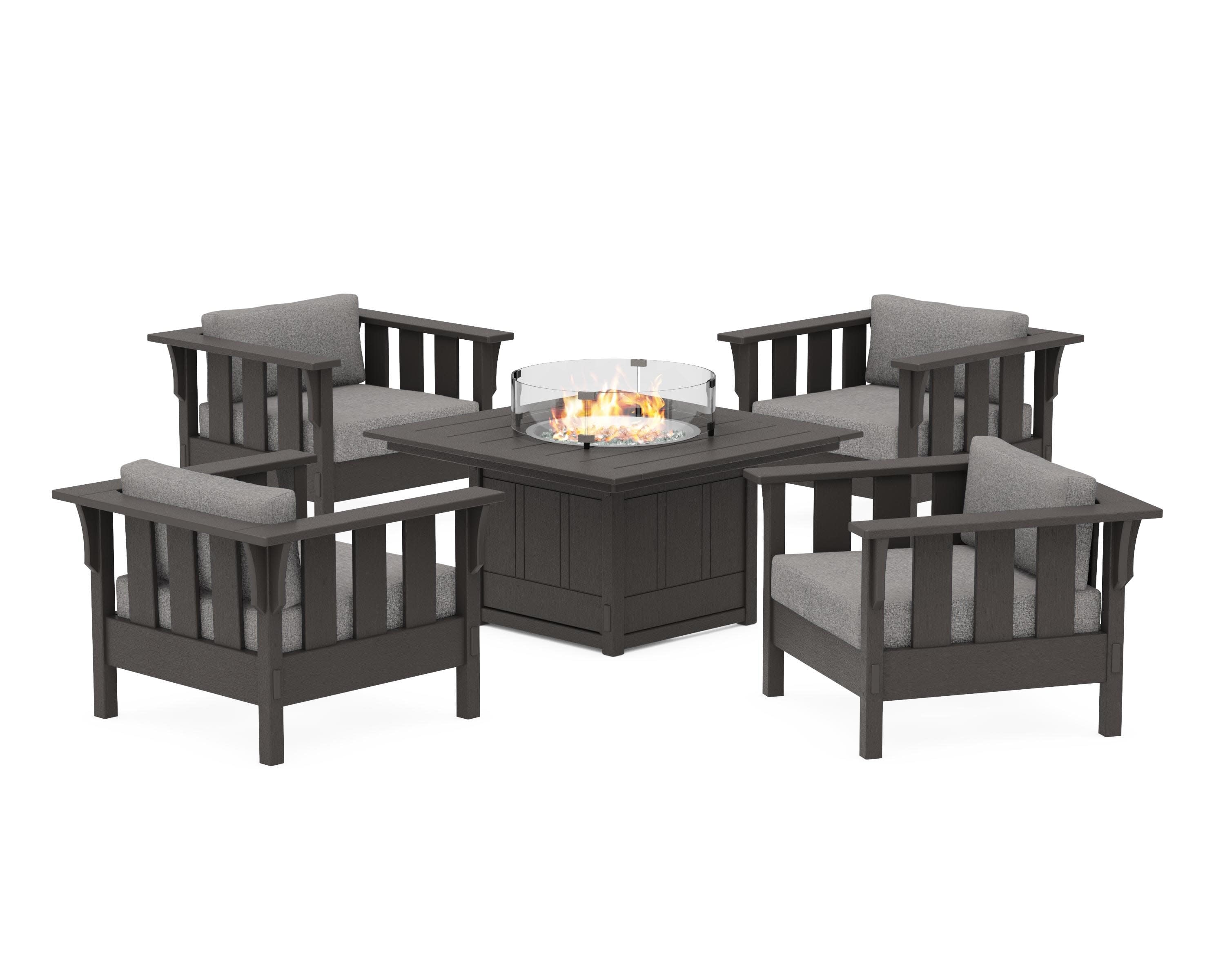 Acadia 5-Piece Deep Seating Set with Fire Pit Table in Vintage Coffee / Grey Mist