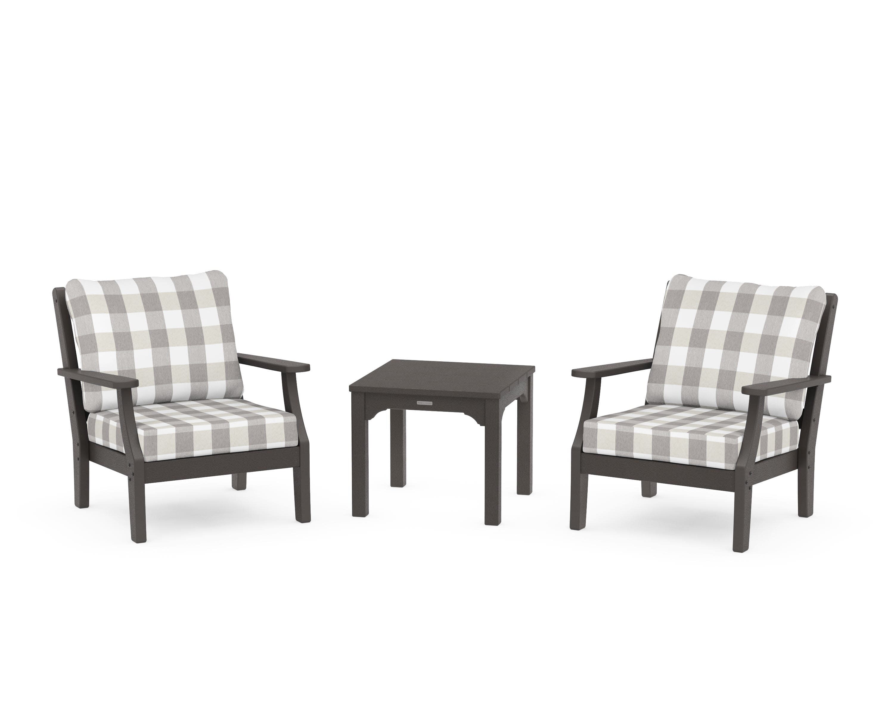 Chinoiserie 3-Piece Deep Seating Set in Vintage Coffee / Buffalo Plaid Grey Mist