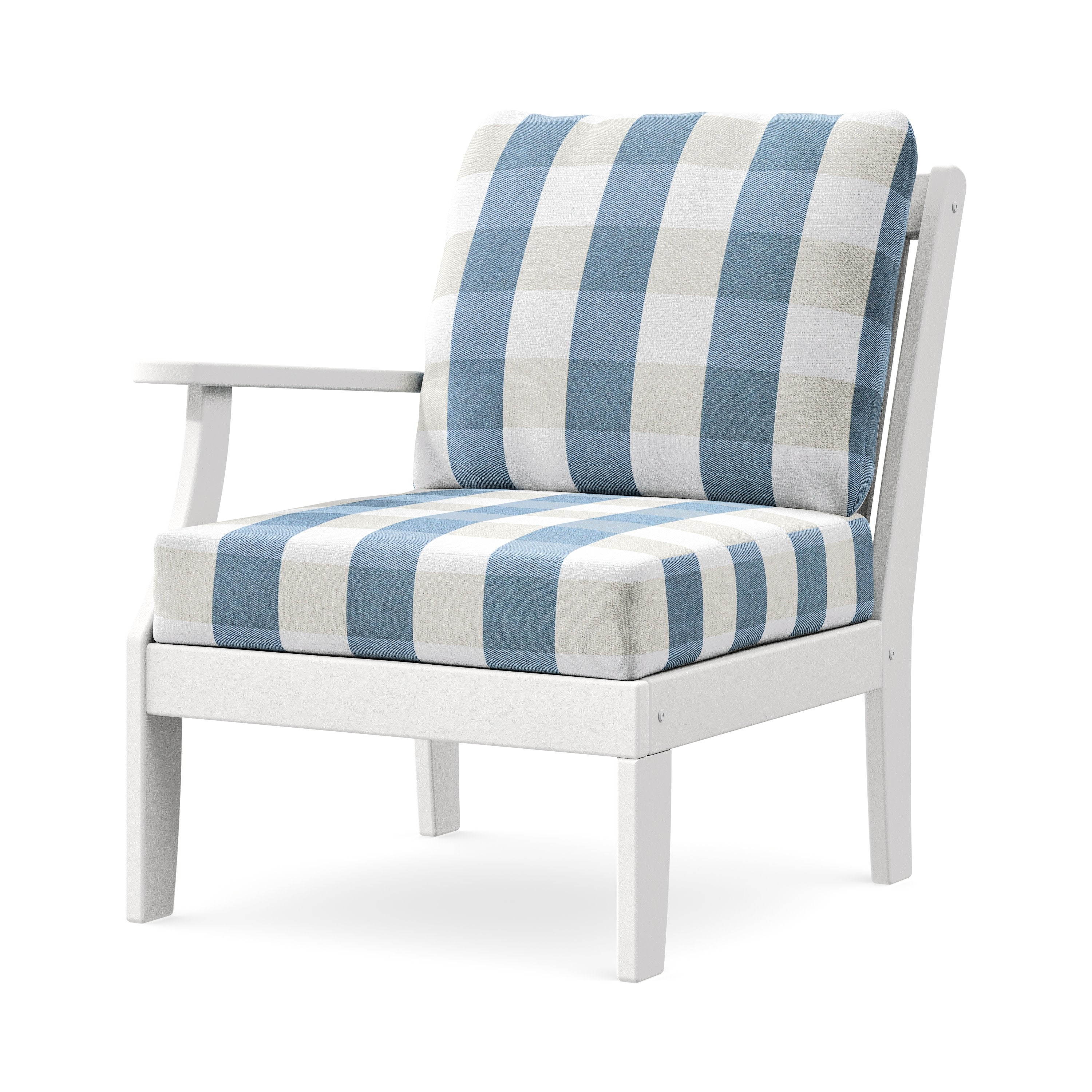 Braxton Modular Left Arm Chair in White / Buffalo Plaid Sky Blue