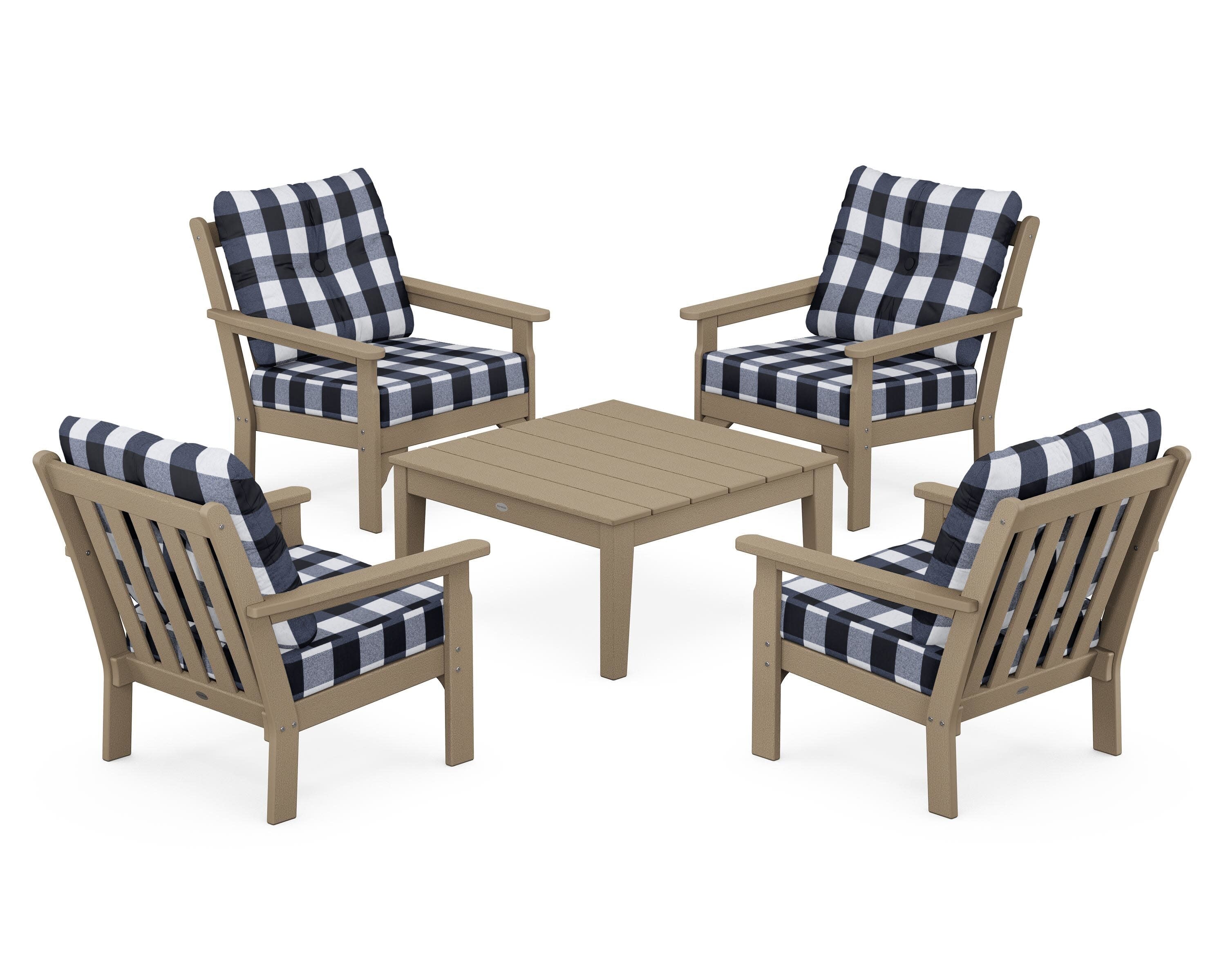 Vineyard 5-Piece Deep Seating Conversation Set in Vintage Sahara / Buffalo Plaid Marine Indigo