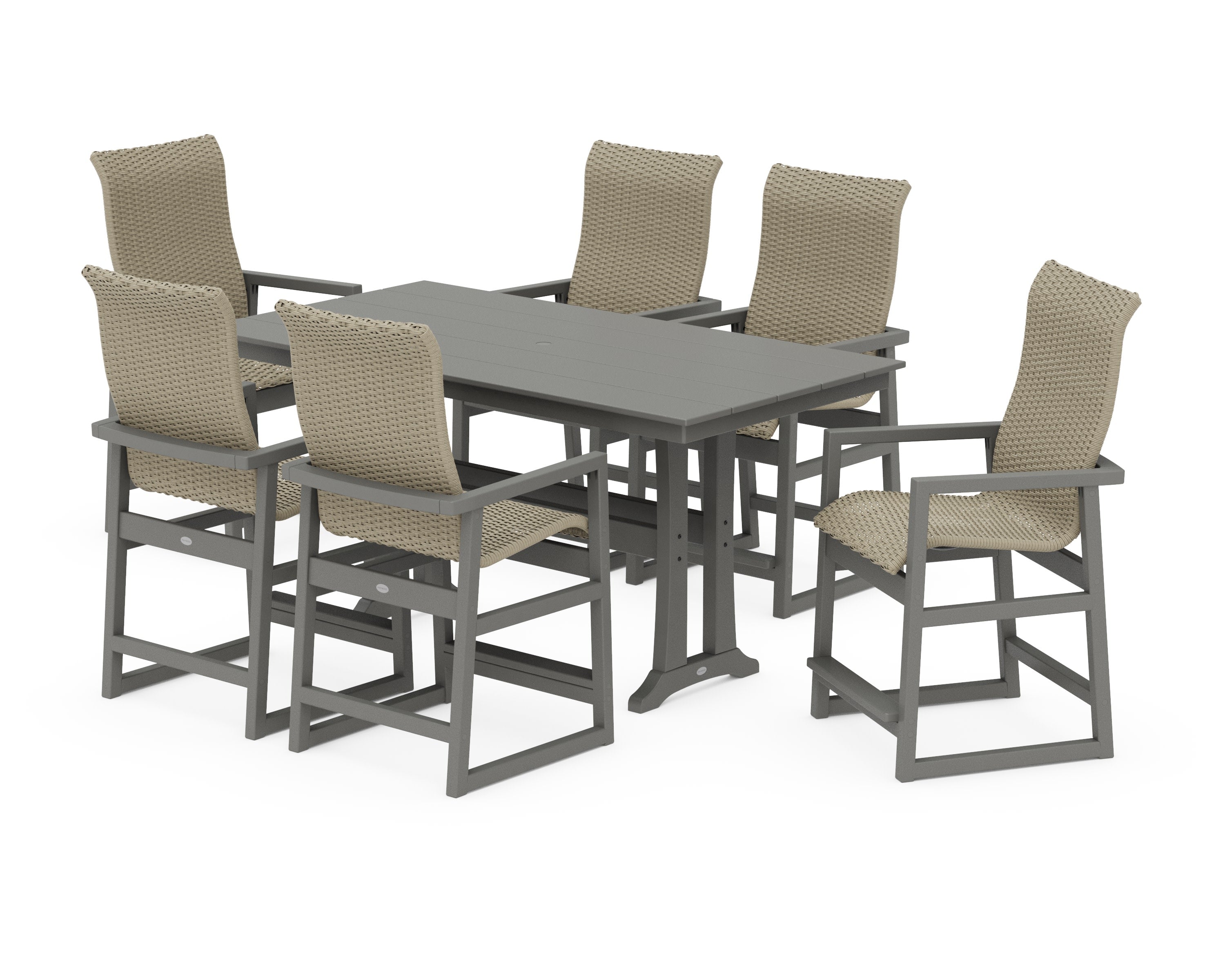 EDGE Woven Highback Arm Chair 7-Piece Farmhouse Counter Set with Trestle Legs