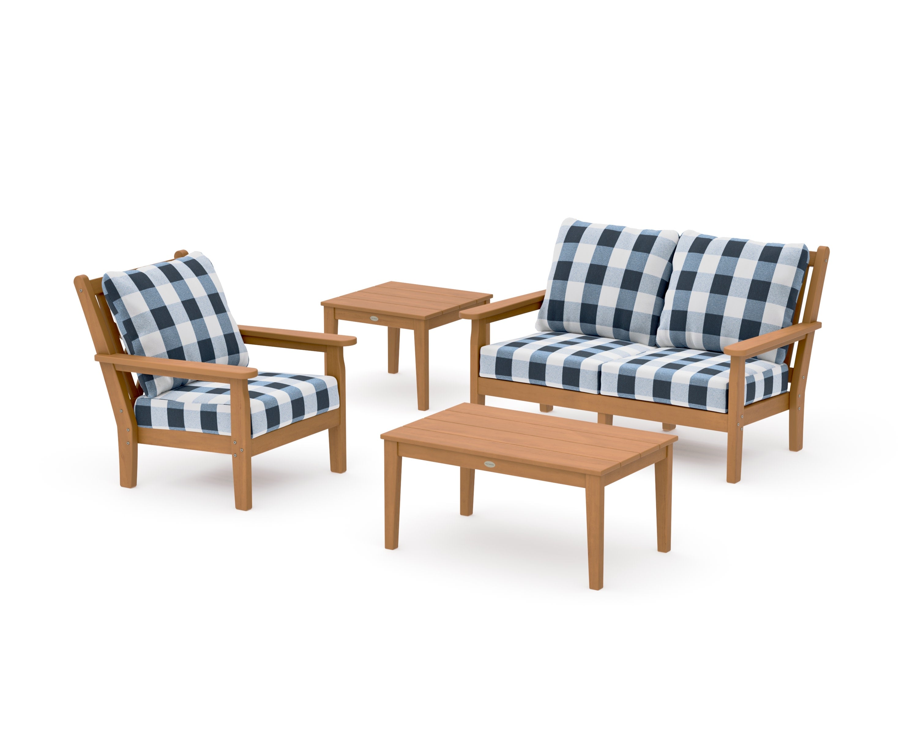 Chippendale 4-Piece Deep Seating Set in Natural / Buffalo Plaid Marine Indigo
