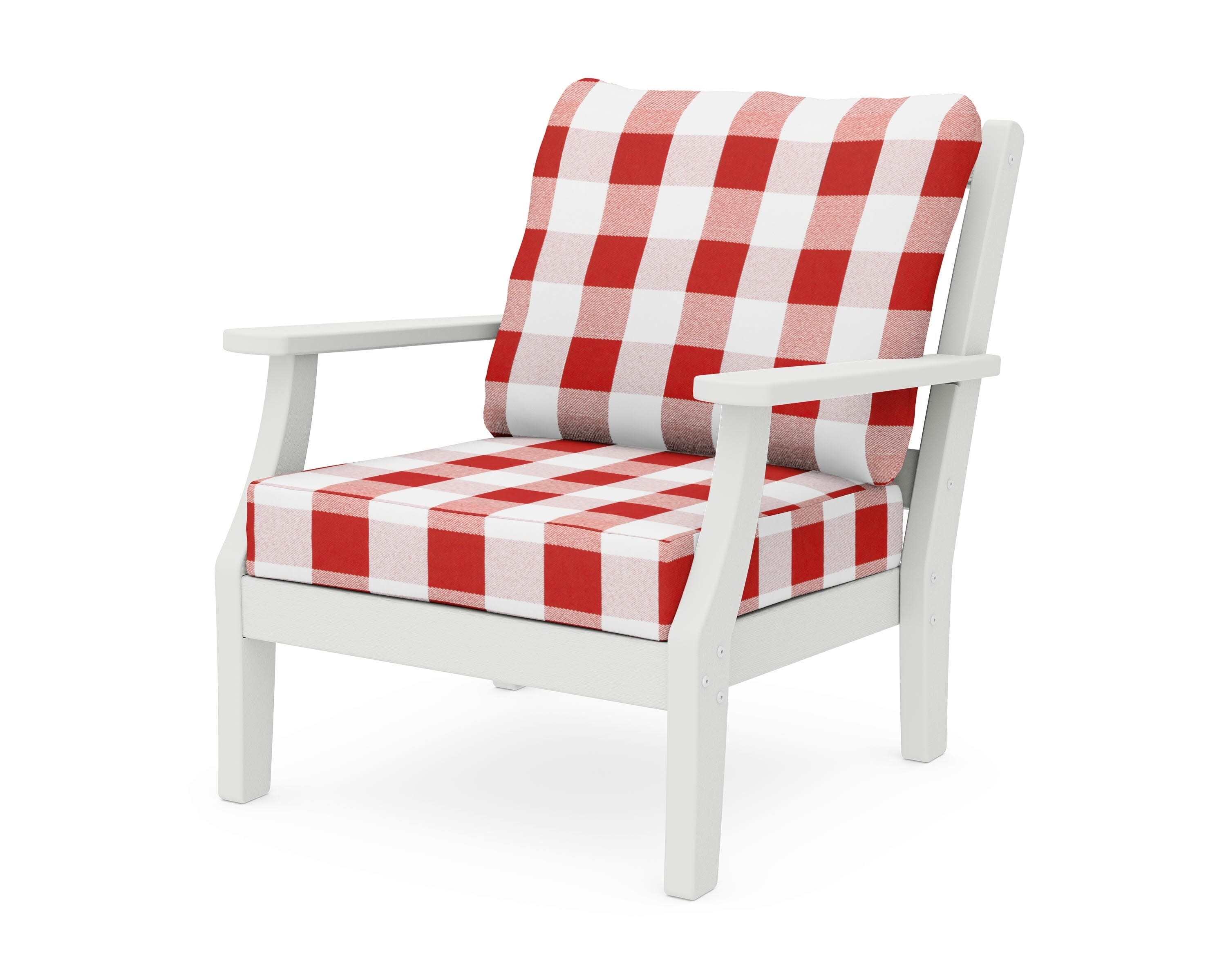 Chinoiserie Deep Seating Chair in Vintage White / Buffalo Plaid Crimson
