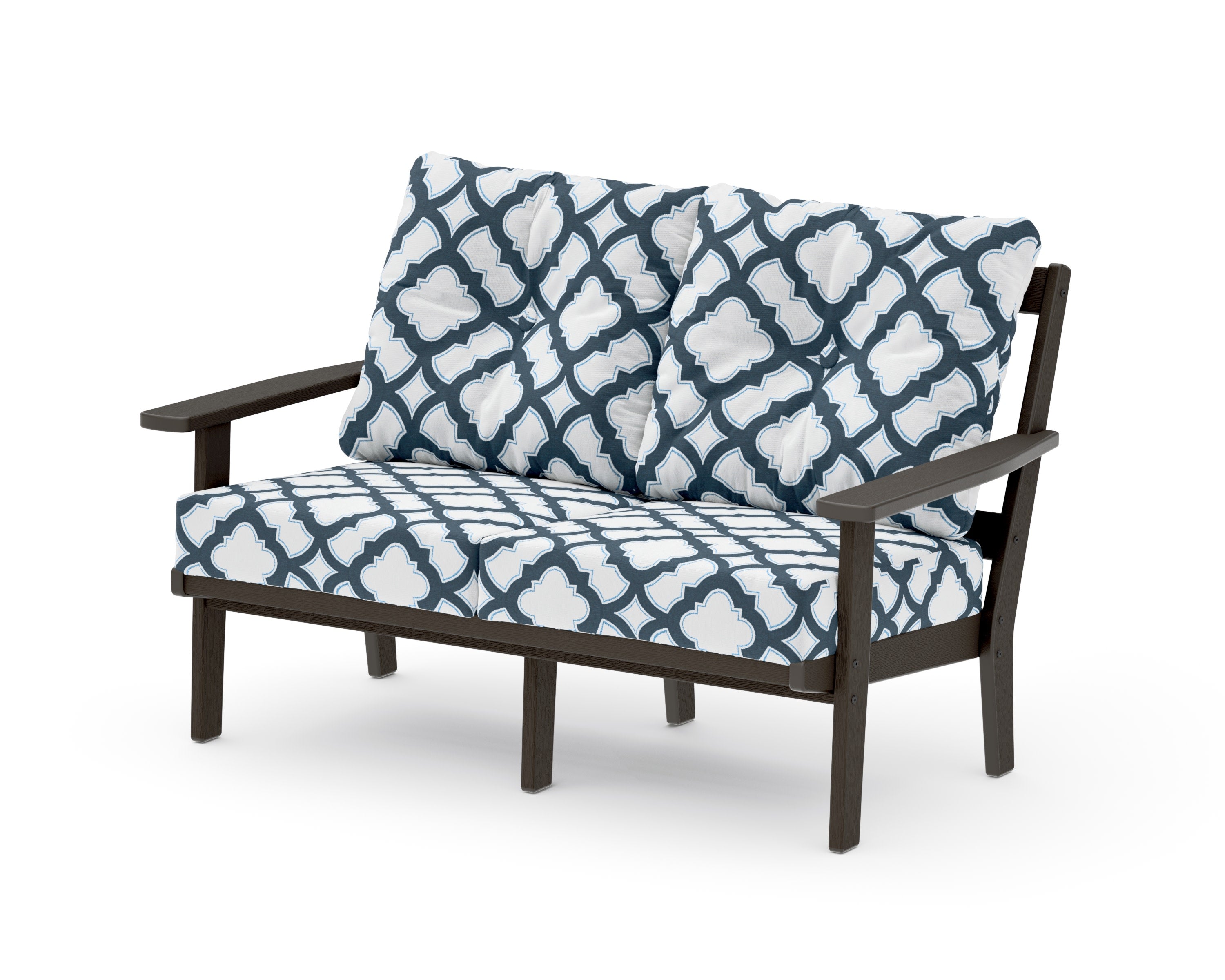 Oxford Deep SeatingLoveseat in Vintage Coffee / Trellis Marine Indigo