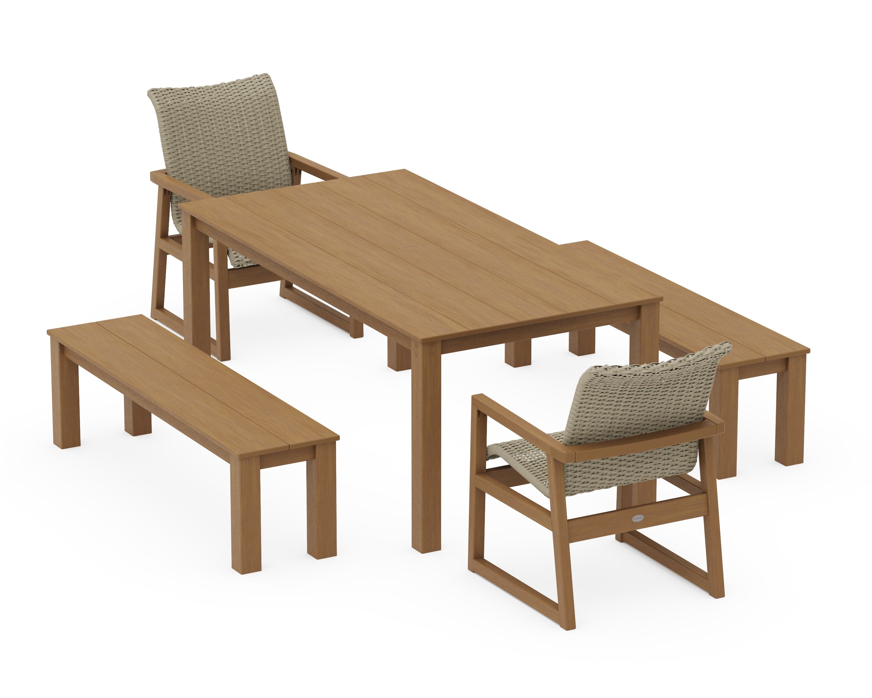 EDGE Woven 5-Piece Parsons Dining Set with Benches in Natural / Dune Grass
