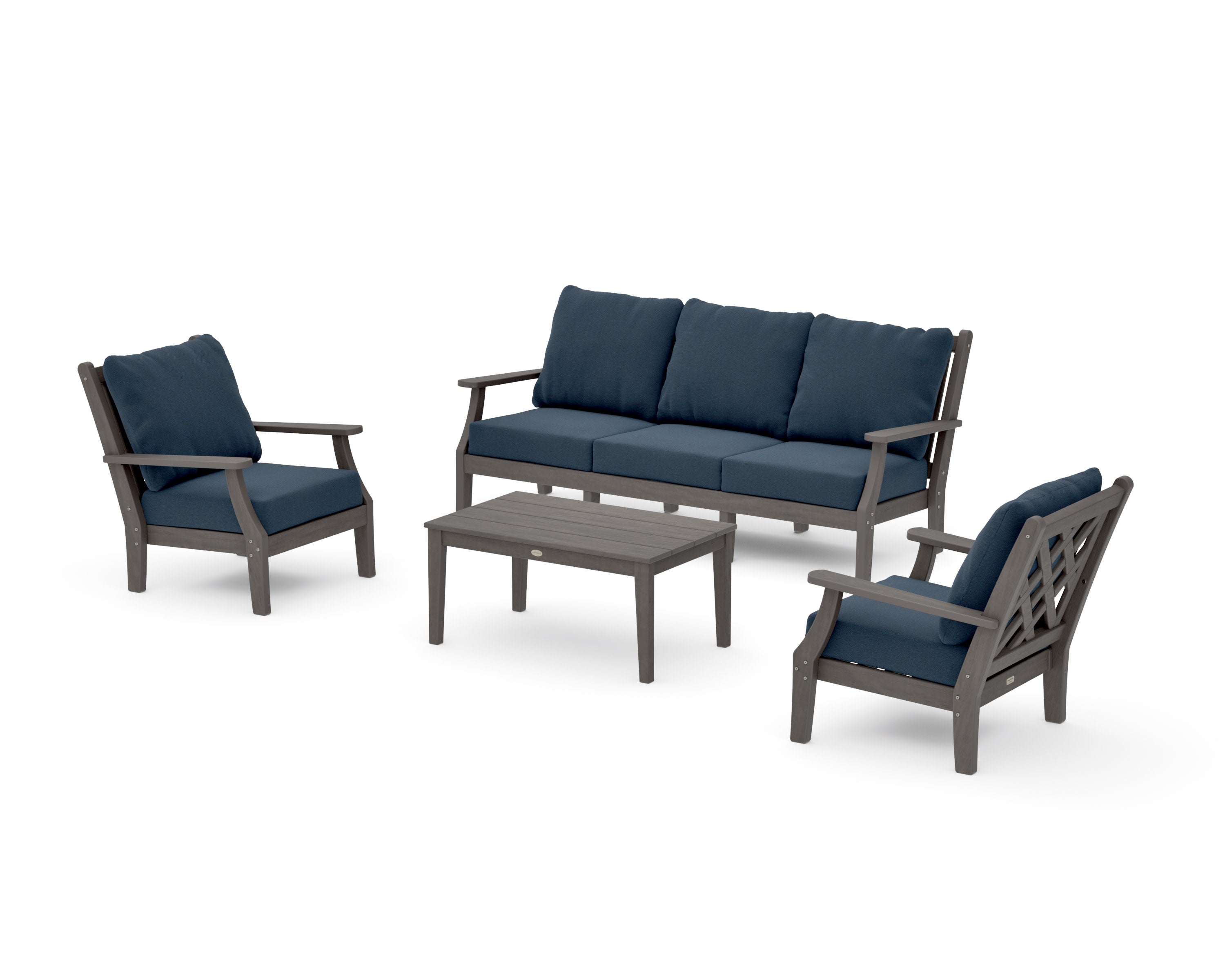 Wovendale 4-Piece Deep Seating Set with Sofa in Driftwood / Marine Indigo