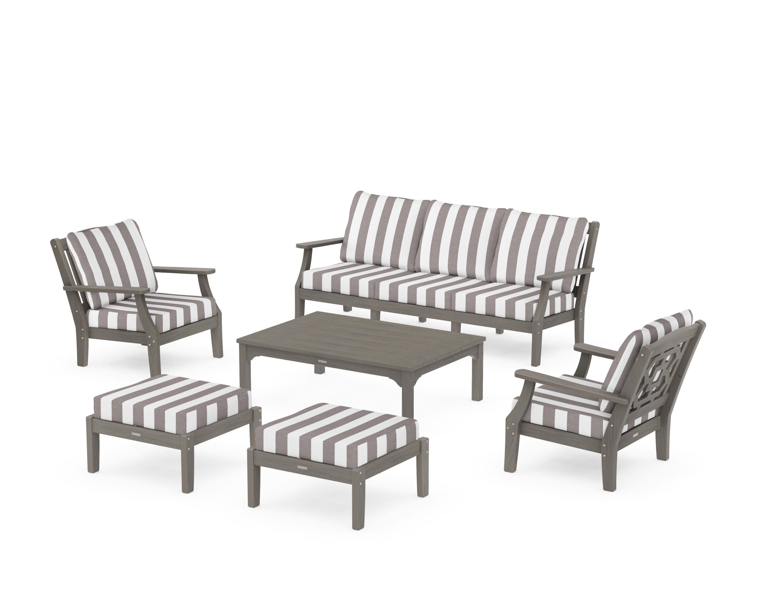 Chinoiserie 6-Piece Lounge Sofa Set in Driftwood / Cabana Stripe Grey Mist