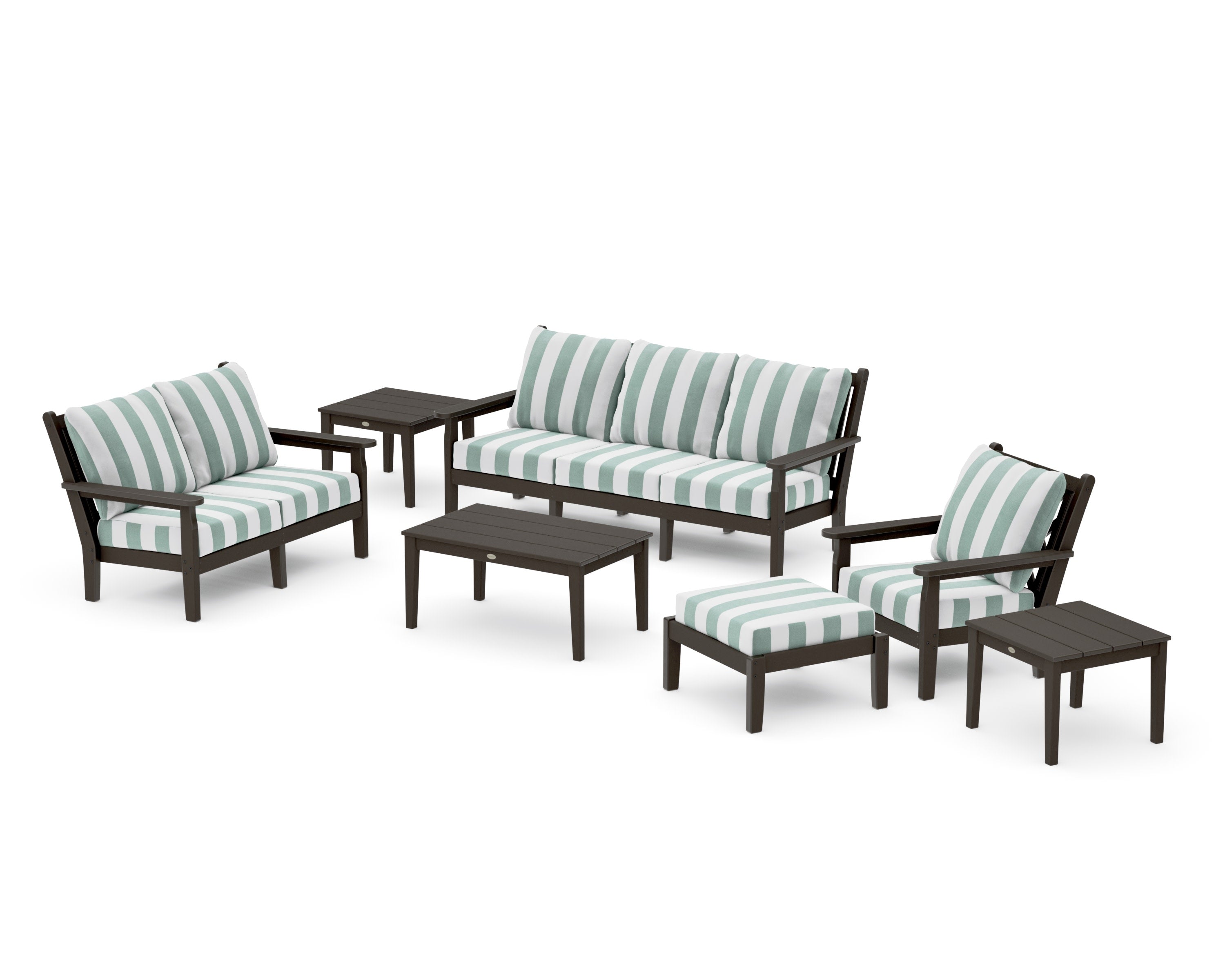 Chippendale 7-Piece Deep Seating Set in Vintage Coffee / Cabana Stripe Glacier Spa