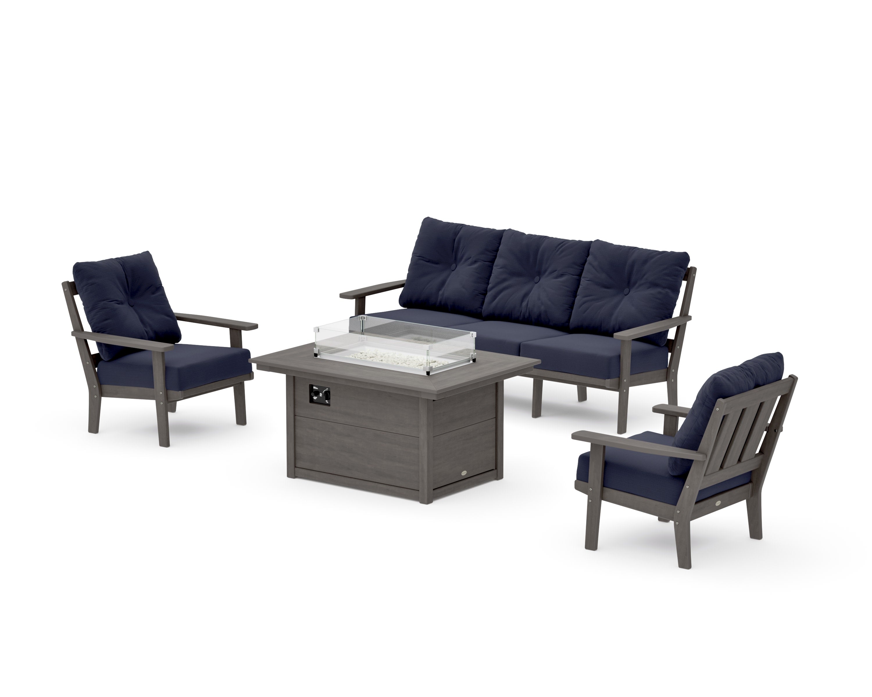 Oxford Deep Seating Fire Pit Table Set in Driftwood / Navy Linen
