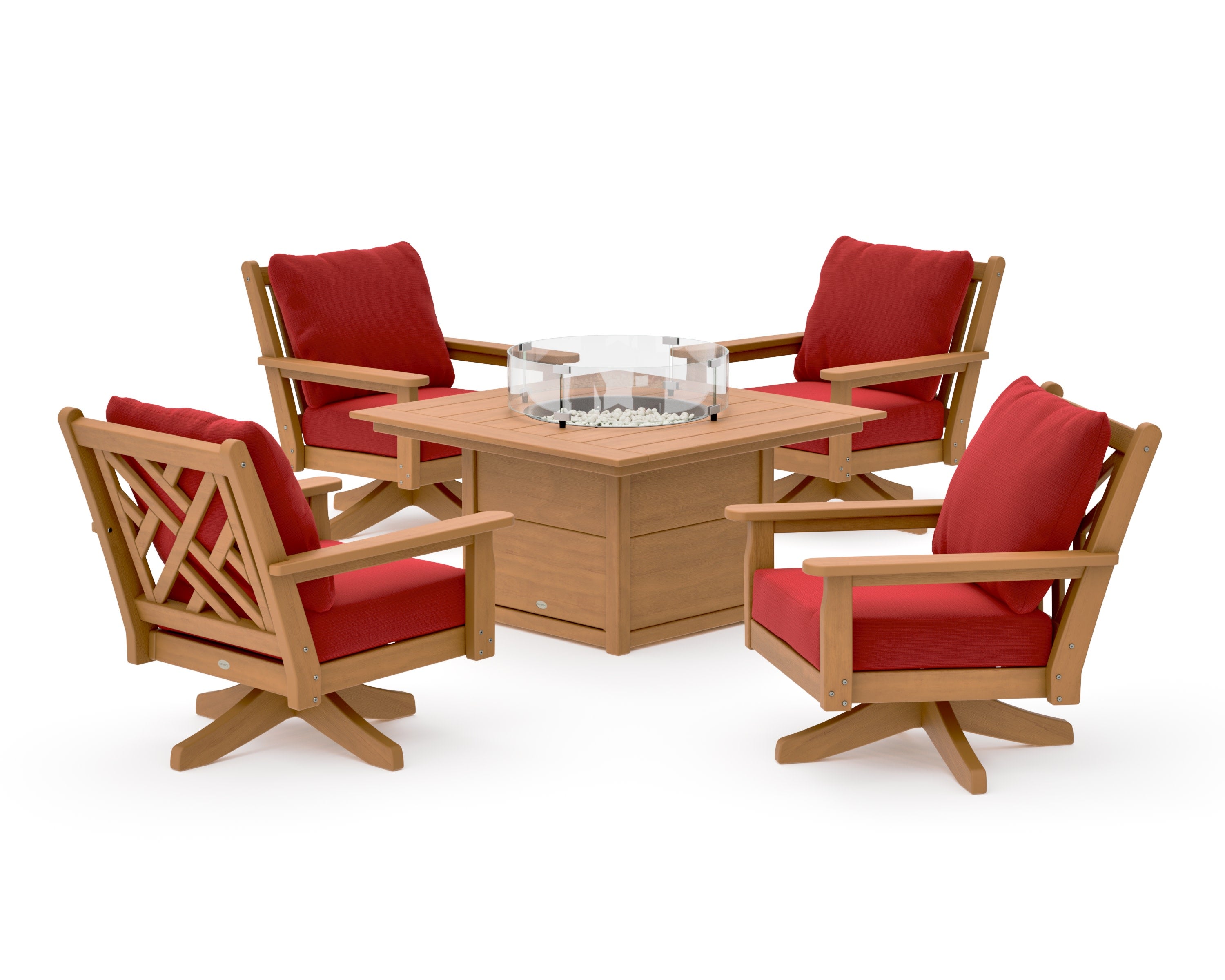 Chippendale 5-Piece Deep Seating Swivel Conversation Set with Fire Pit Table in Natural / Crimson Linen