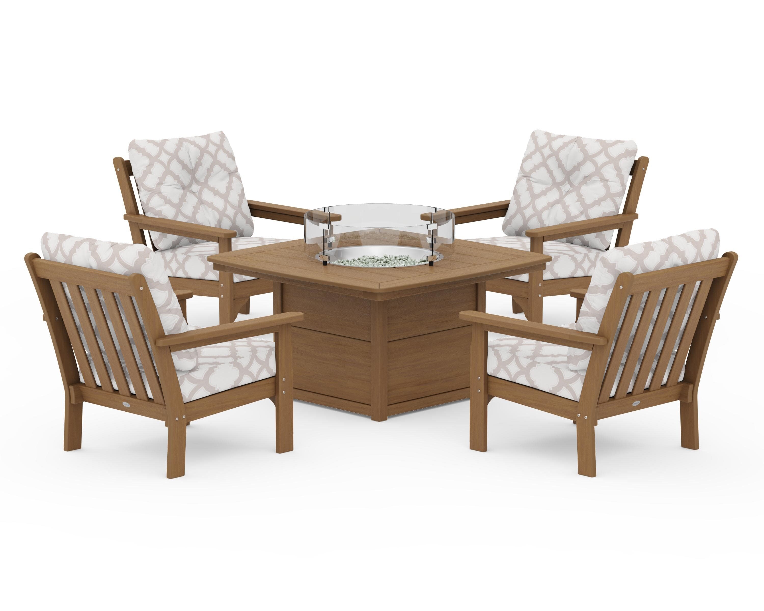 Vineyard 5-Piece Conversation Set with Fire Pit Table in Natural / Trellis Dune Burlap