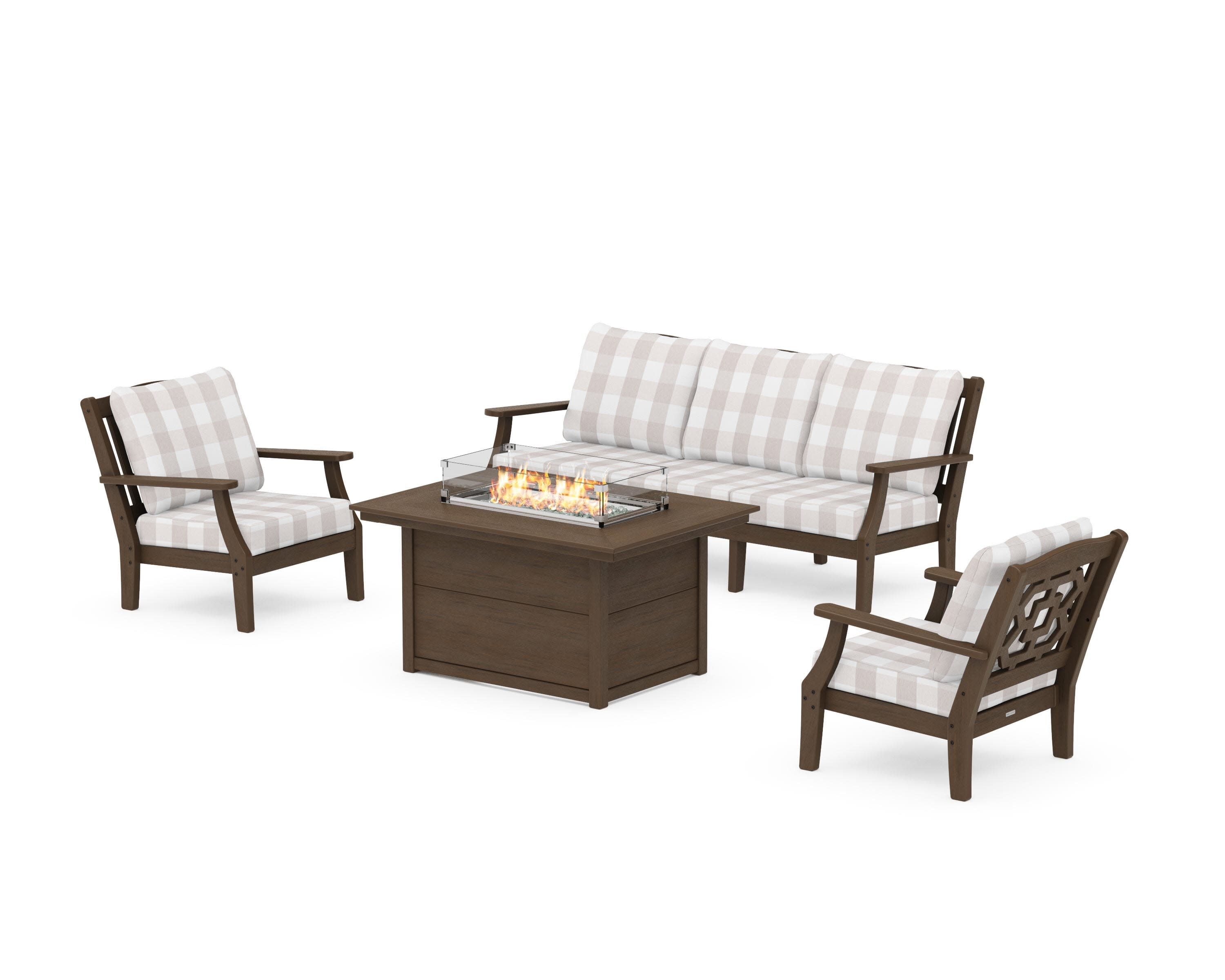 Chinoiserie Deep Seating Fire Pit Table Set in Kona / Buffalo Plaid Dune Burlap