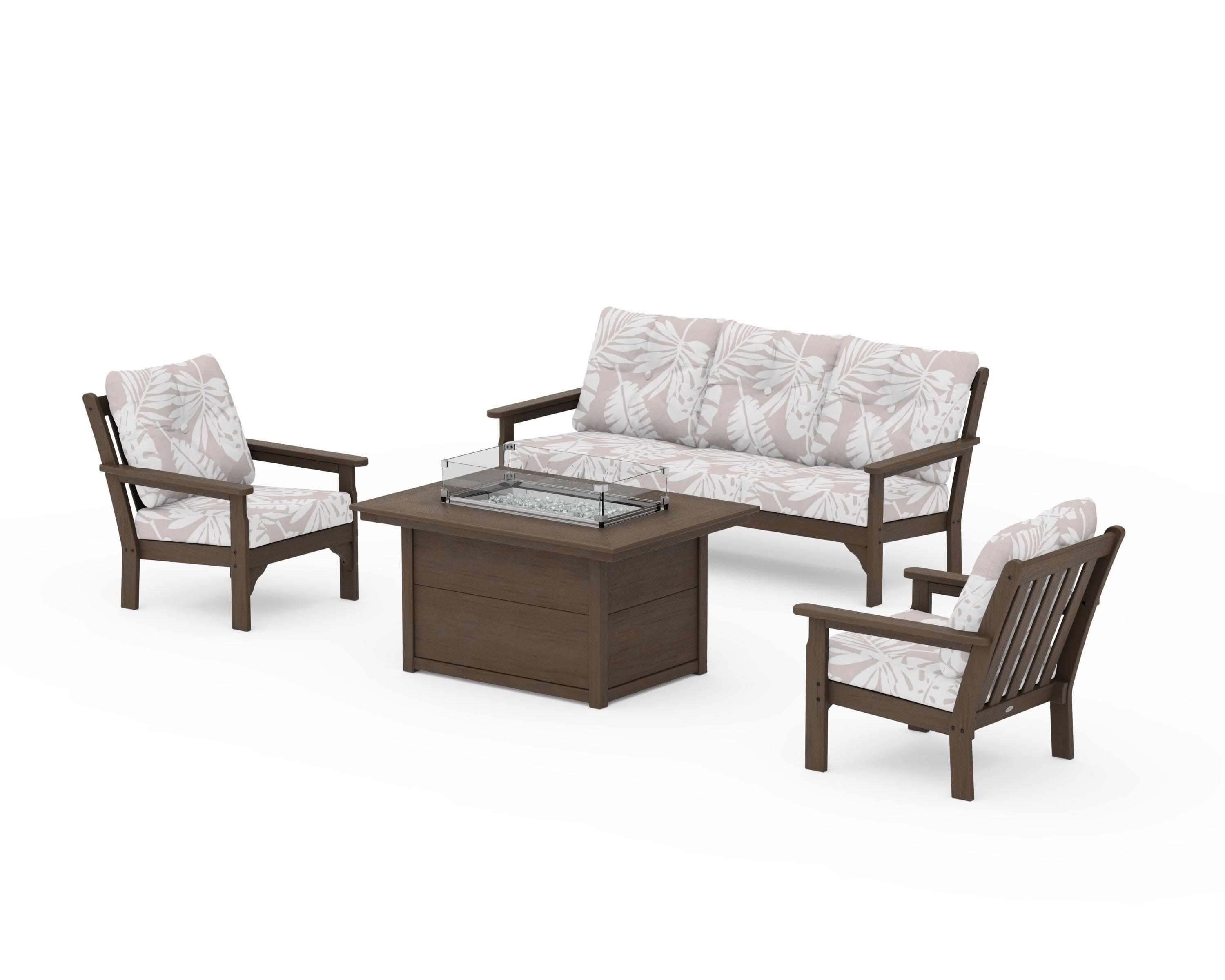 Vineyard Deep Seating Fire Pit Table Set in Kona / Leaf Dune Burlap