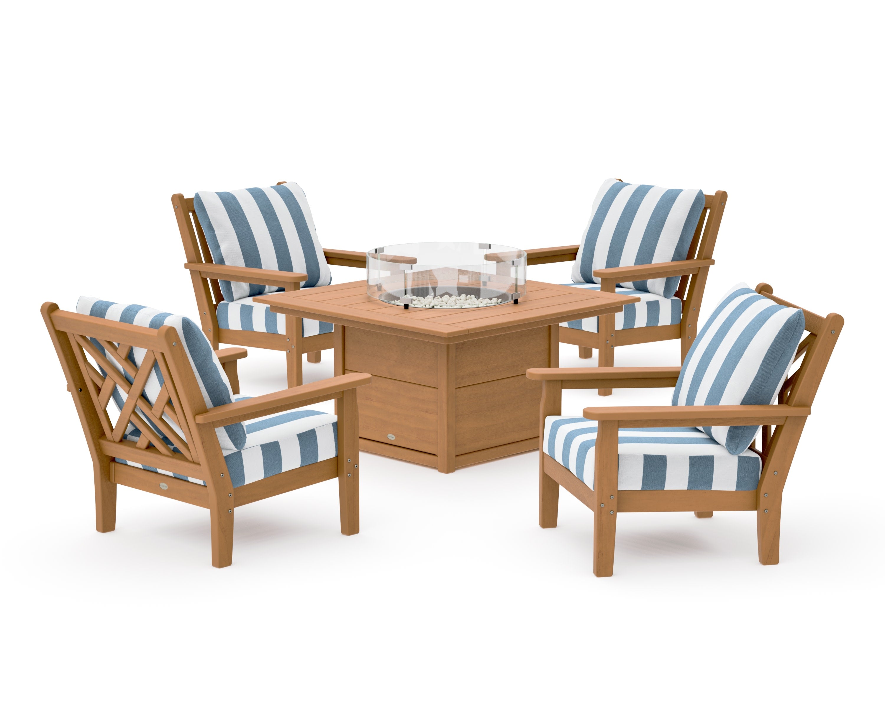 Chippendale 5-Piece Deep Seating Set with Fire Pit Table in Natural / Cabana Stripe Sky Blue