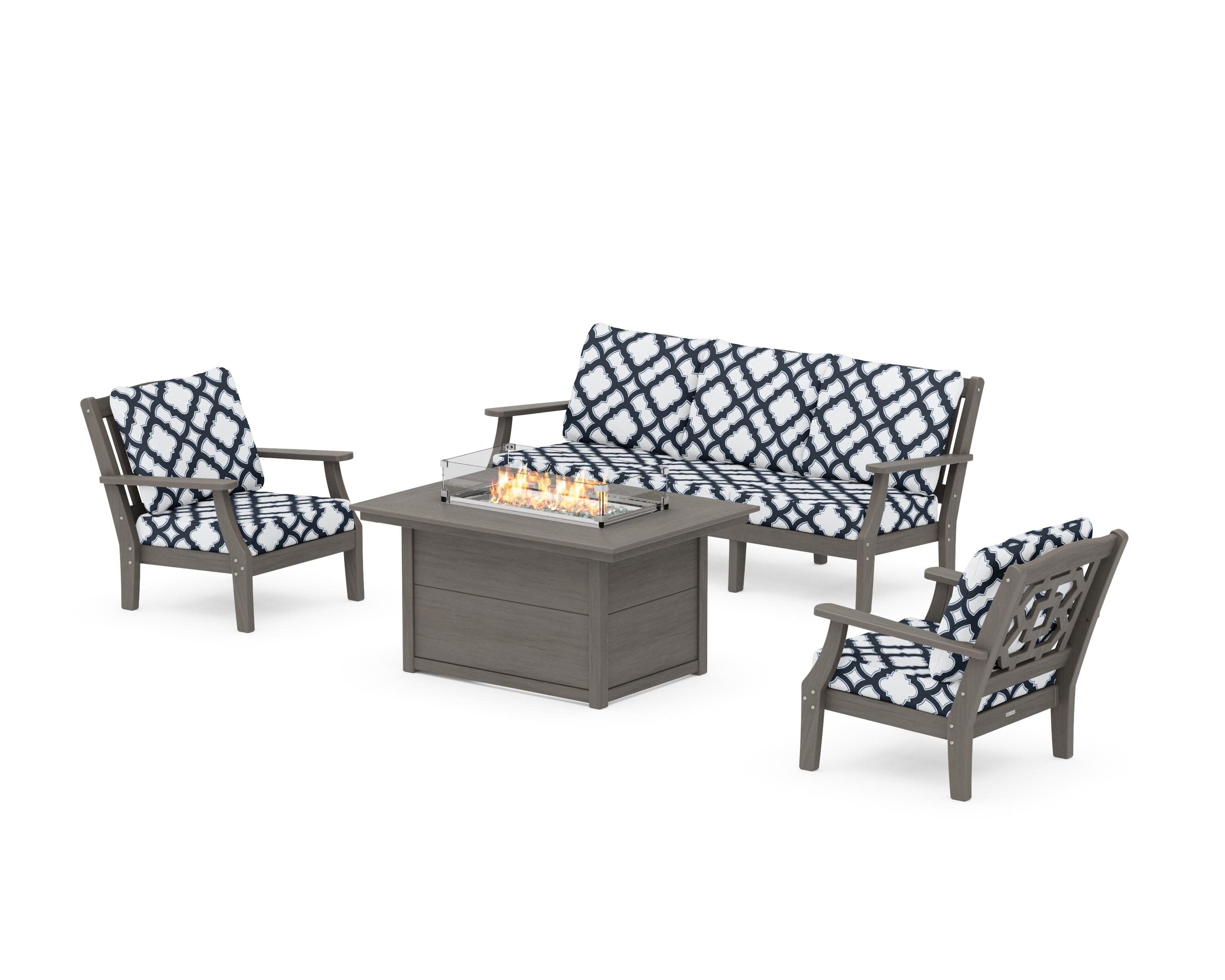 Chinoiserie Deep Seating Fire Pit Table Set in Driftwood / Trellis Marine Indigo
