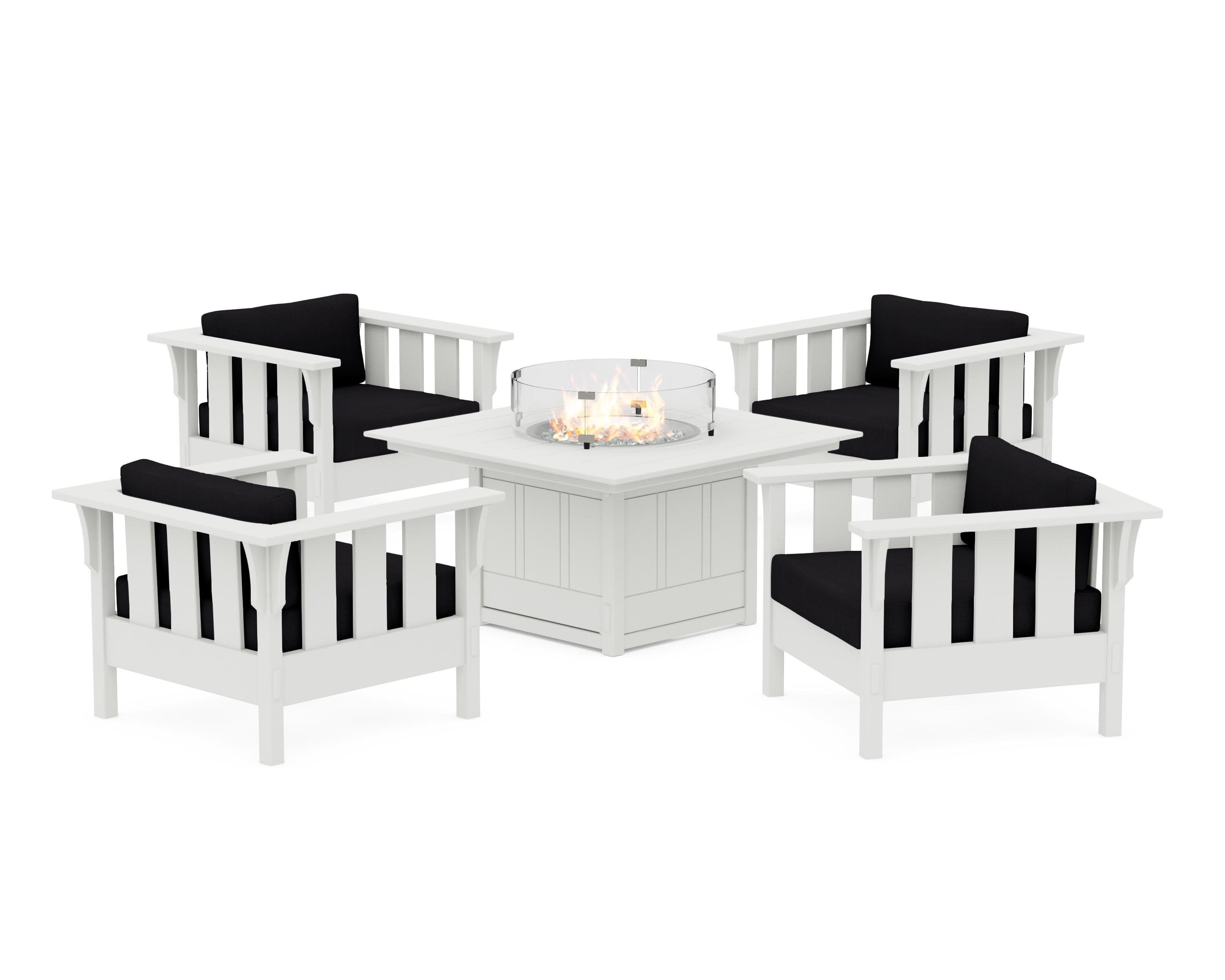 Acadia 5-Piece Deep Seating Set with Fire Pit Table in Vintage White / Midnight Linen