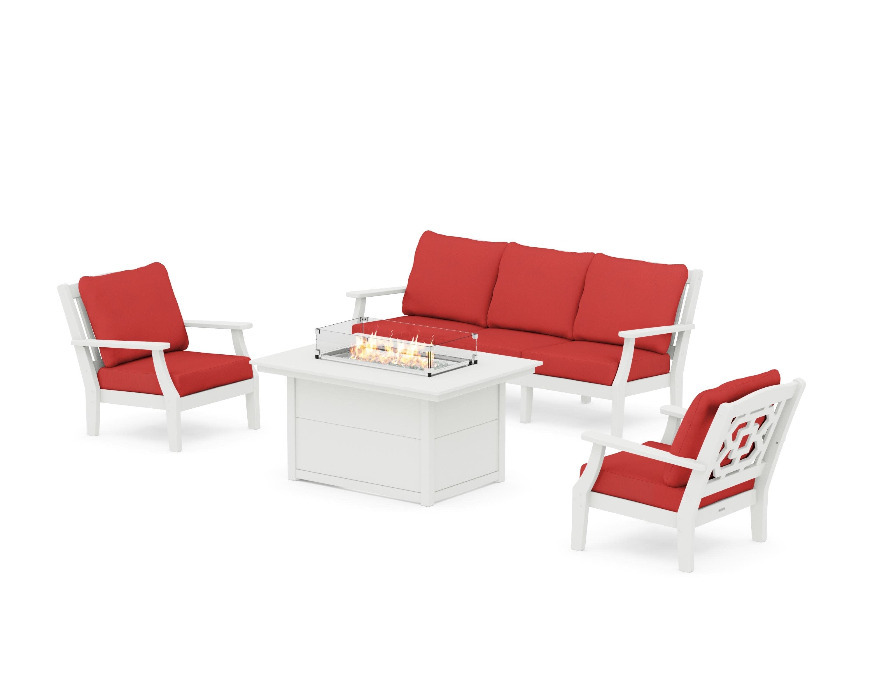 Chinoiserie Deep Seating Fire Pit Table Set in Vintage White / Crimson Linen