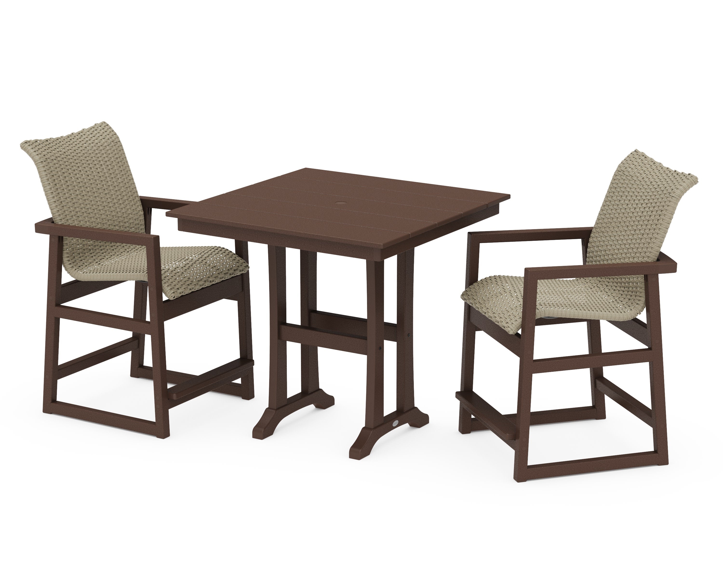 EDGE Woven 3-Piece Farmhouse Counter Set with Trestle Legs in Mahogany / Dune Grass