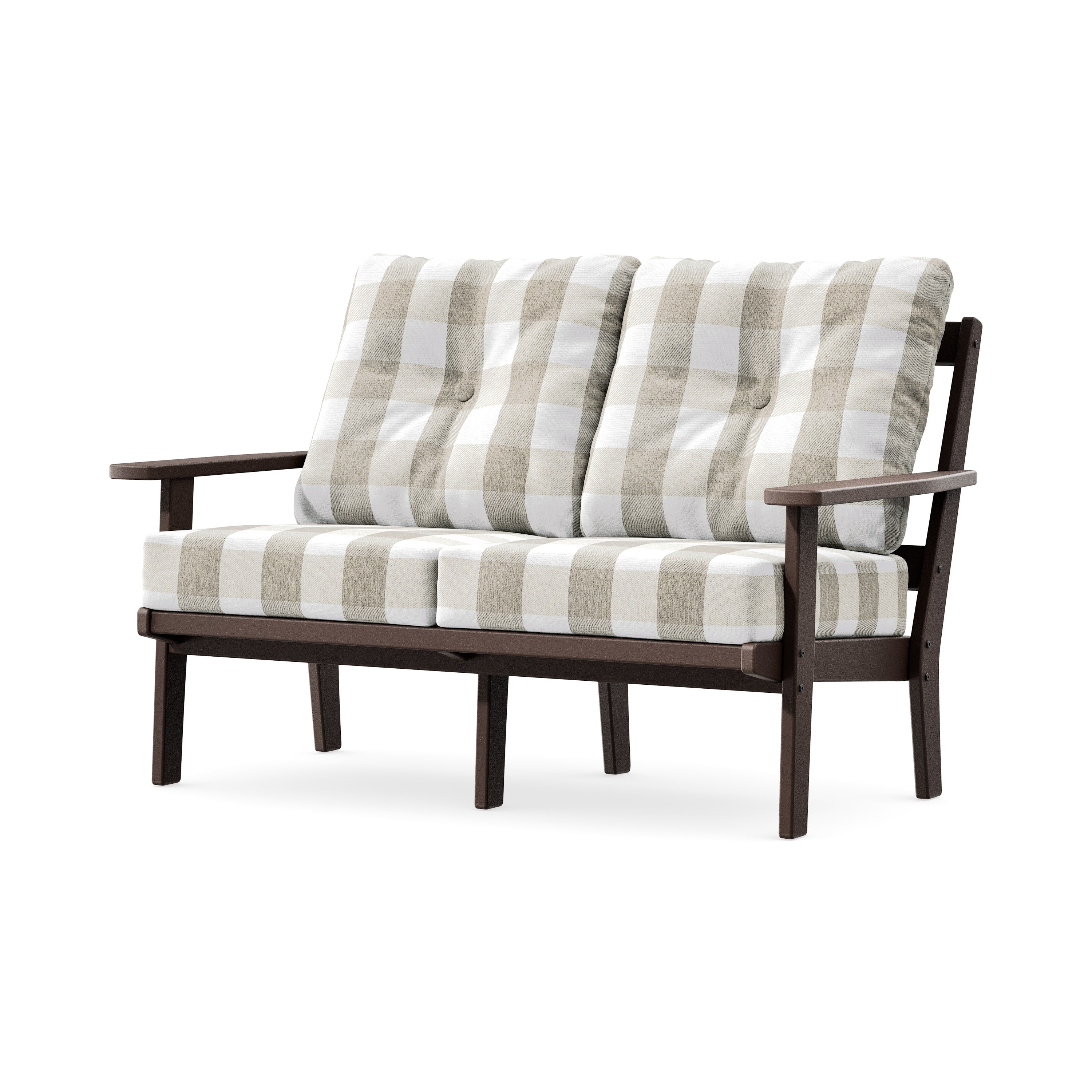 Prairie Deep SeatingLoveseat in Mahogany / Buffalo Plaid Dune Burlap