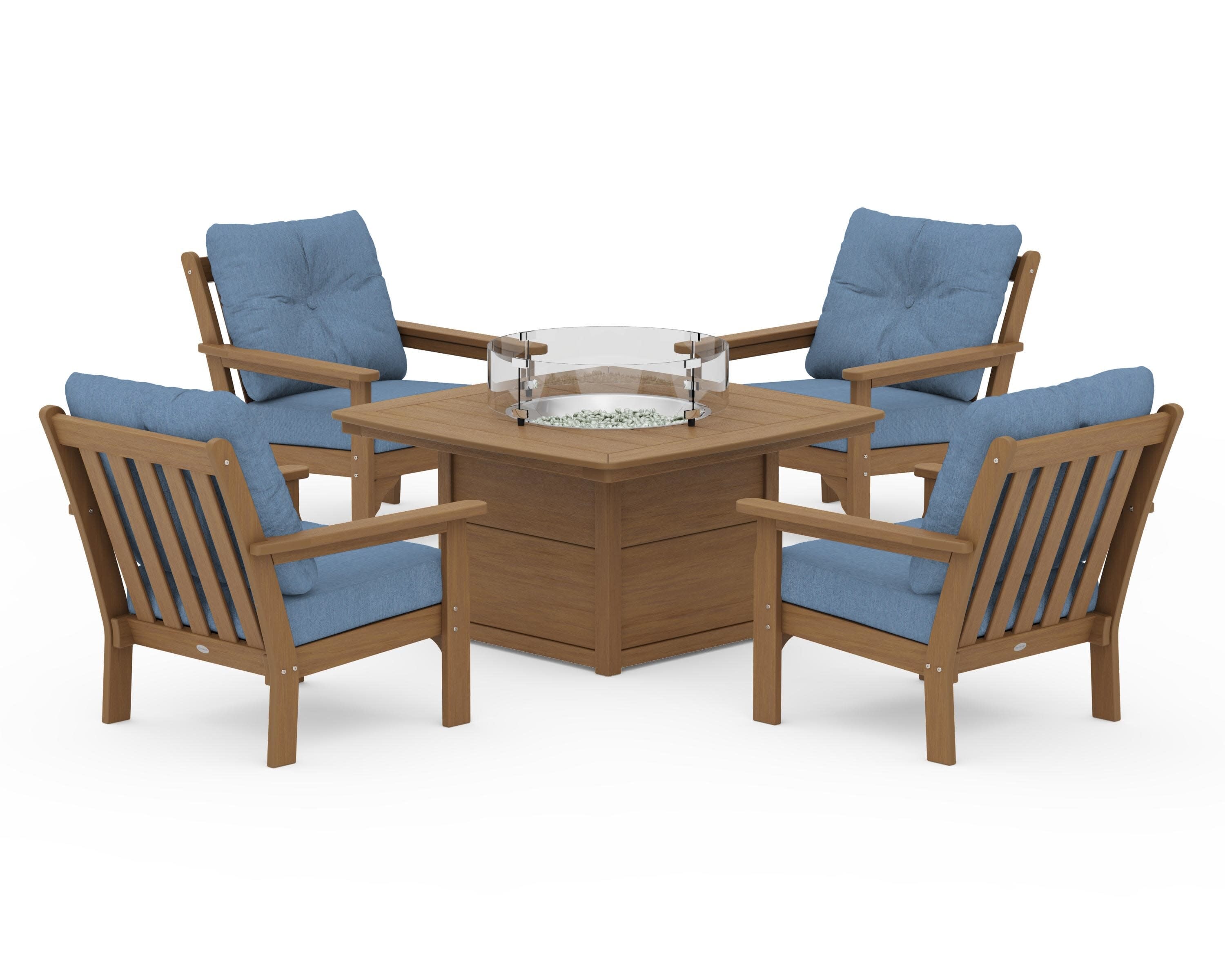 Vineyard 5-Piece Conversation Set with Fire Pit Table in Natural / Sky Blue