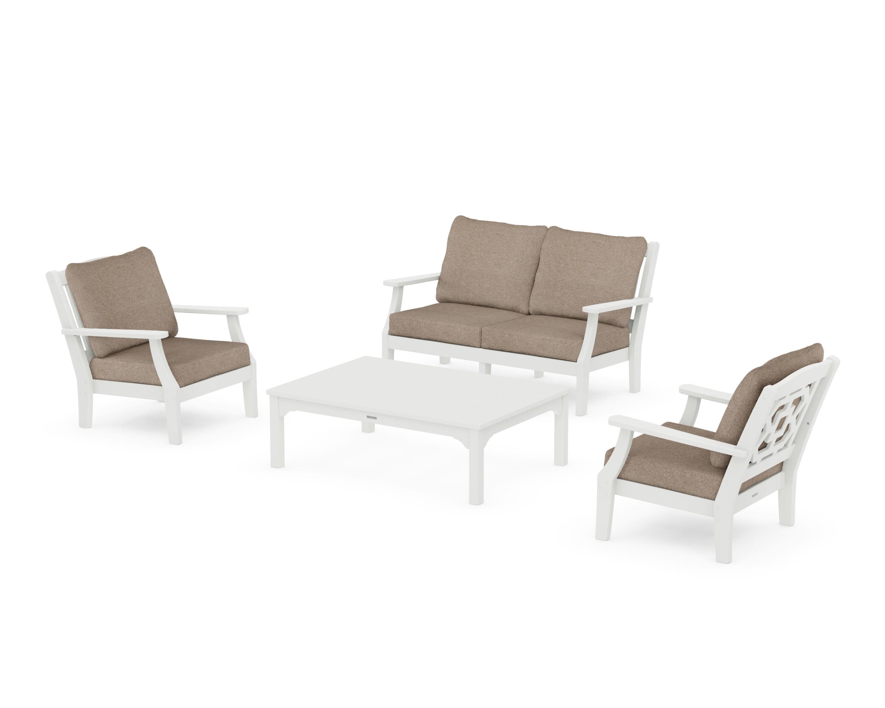 Chinoiserie 4-Piece Deep Seating Set with Loveseat in Vintage White / Spiced Burlap