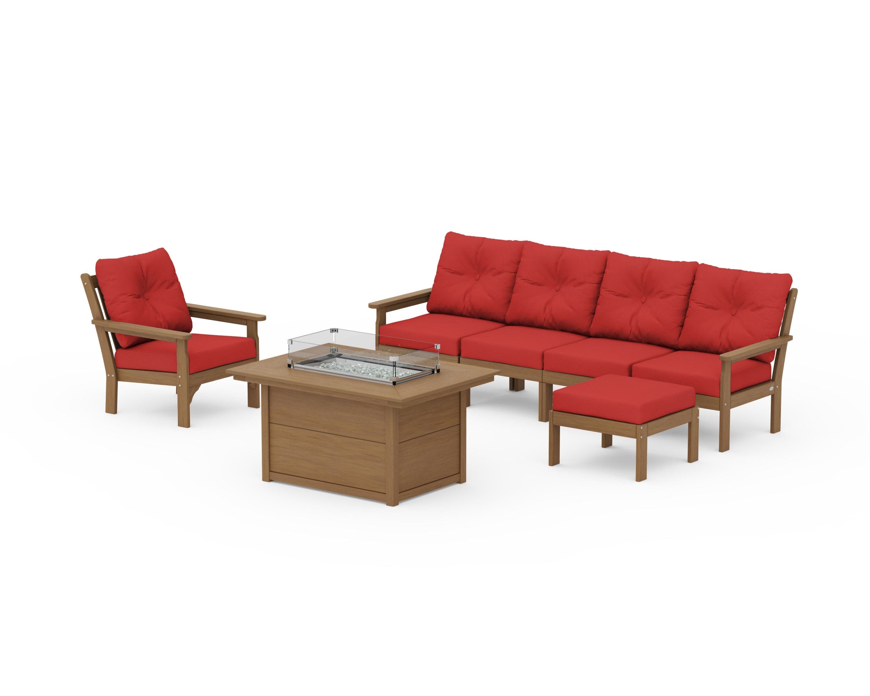 Vineyard Sectional Lounge and Fire Pit Set in Natural / Crimson Linen