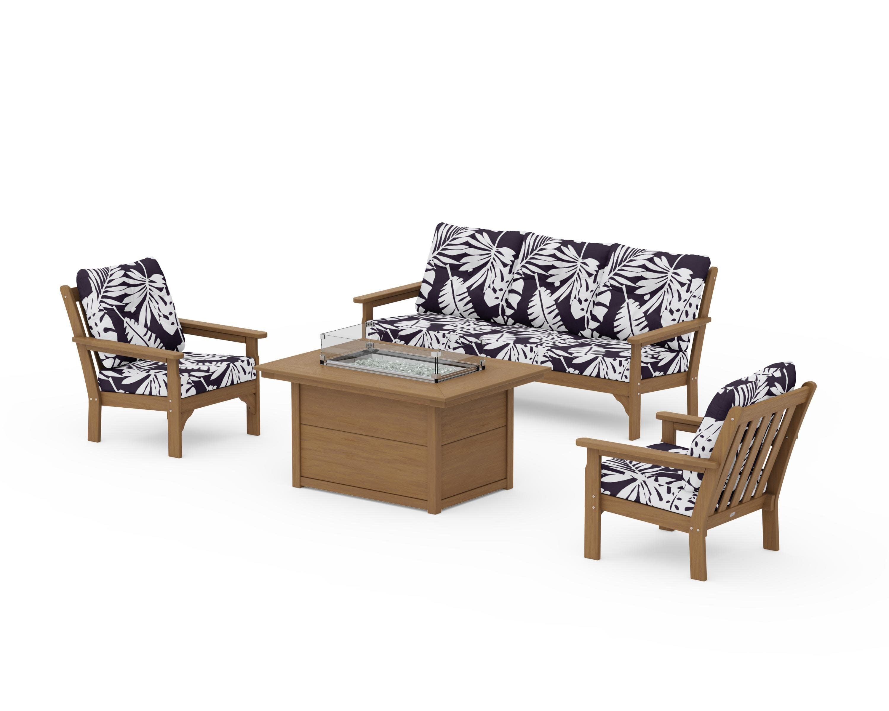 Vineyard Deep Seating Fire Pit Table Set in Natural / Leaf Navy