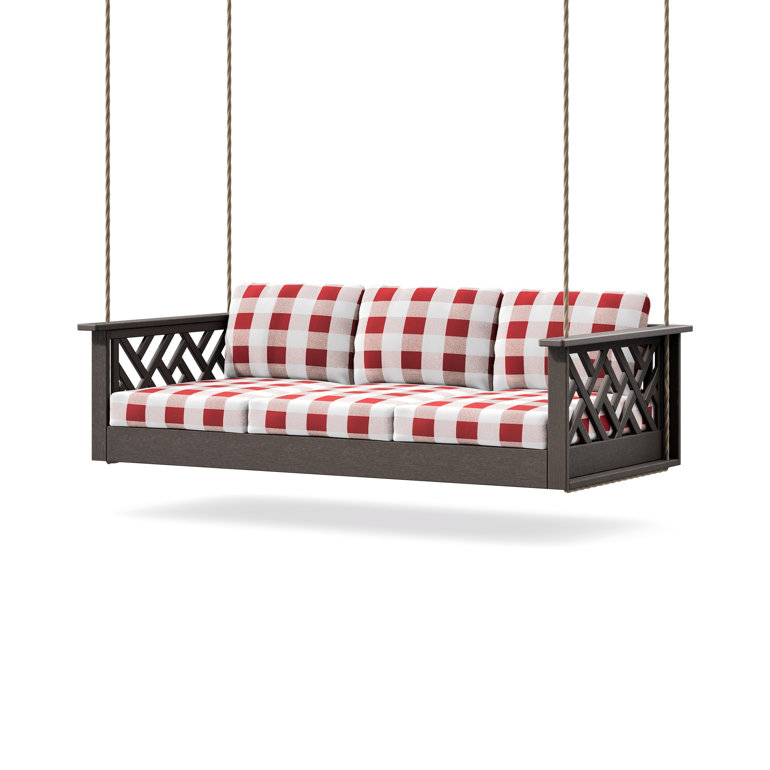 Chippendale Daybed Swing in Vintage Coffee / Buffalo Plaid Crimson