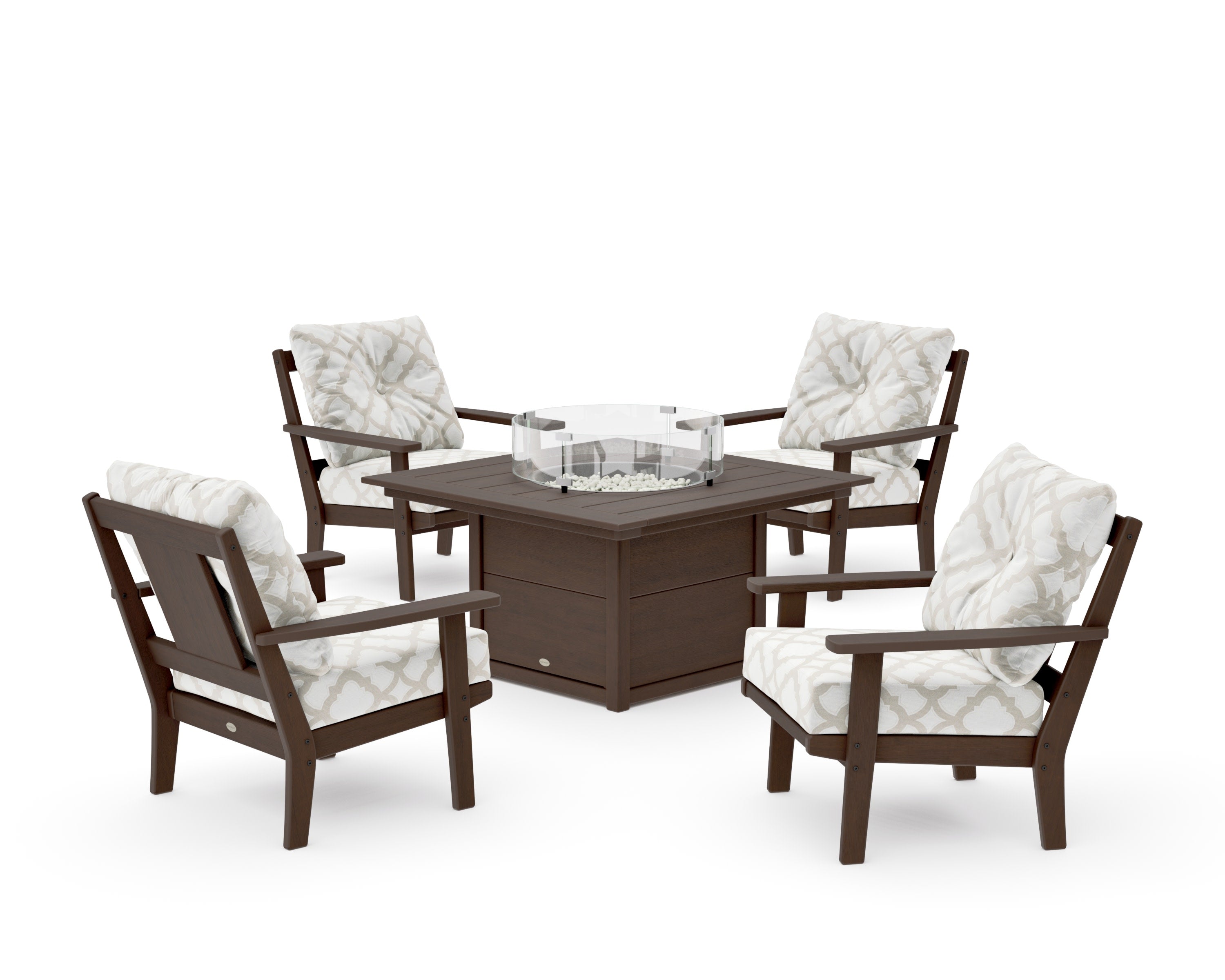 Prairie 5-Piece Deep Seating Set with Fire Pit Table in Kona / Trellis Dune Burlap