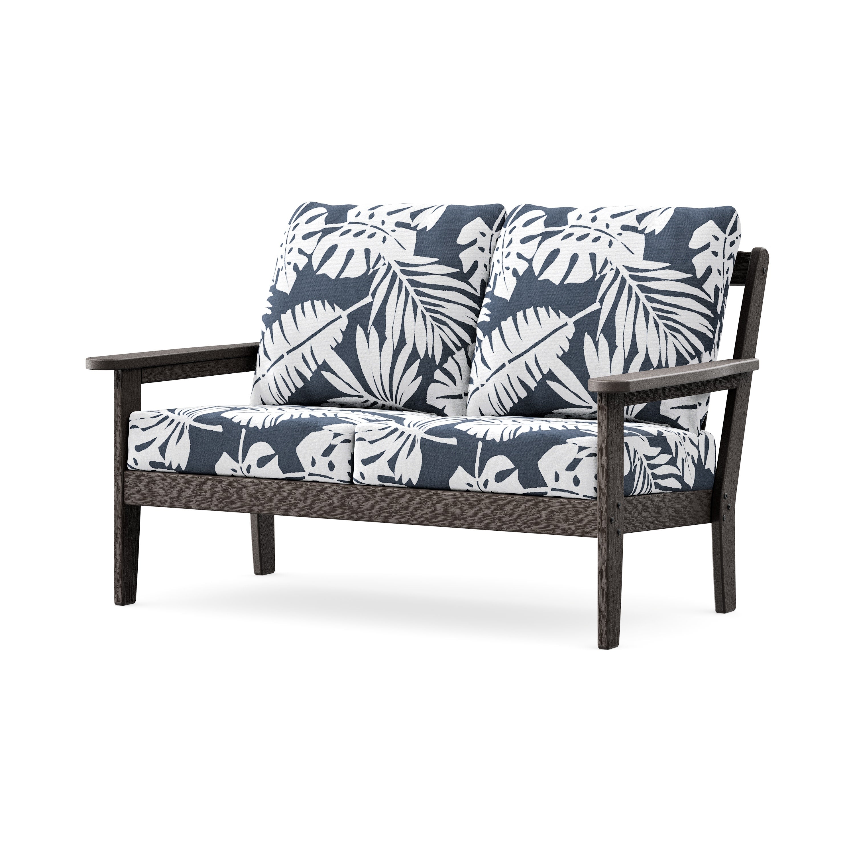 Cottage Deep Seating Loveseat in Vintage Coffee / Leaf Marine Indigo