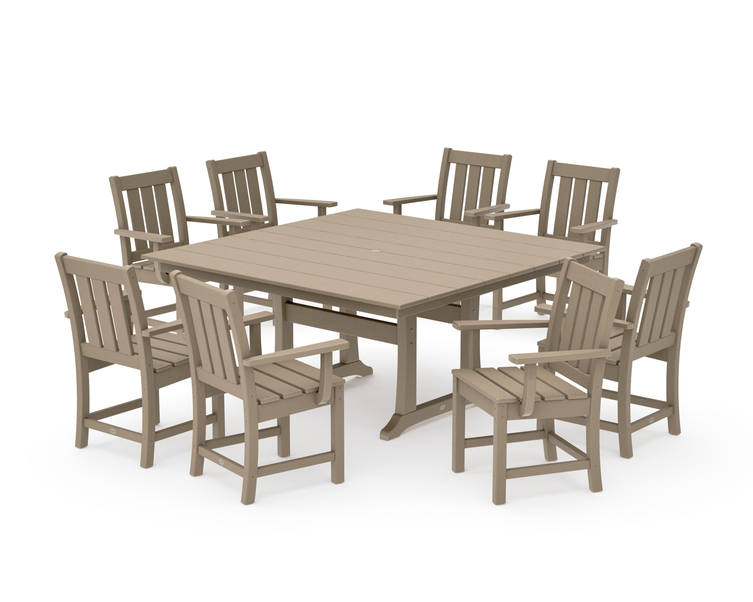 Oxford 9-Piece Square Farmhouse Dining Set with Trestle Legs in Vintage Sahara