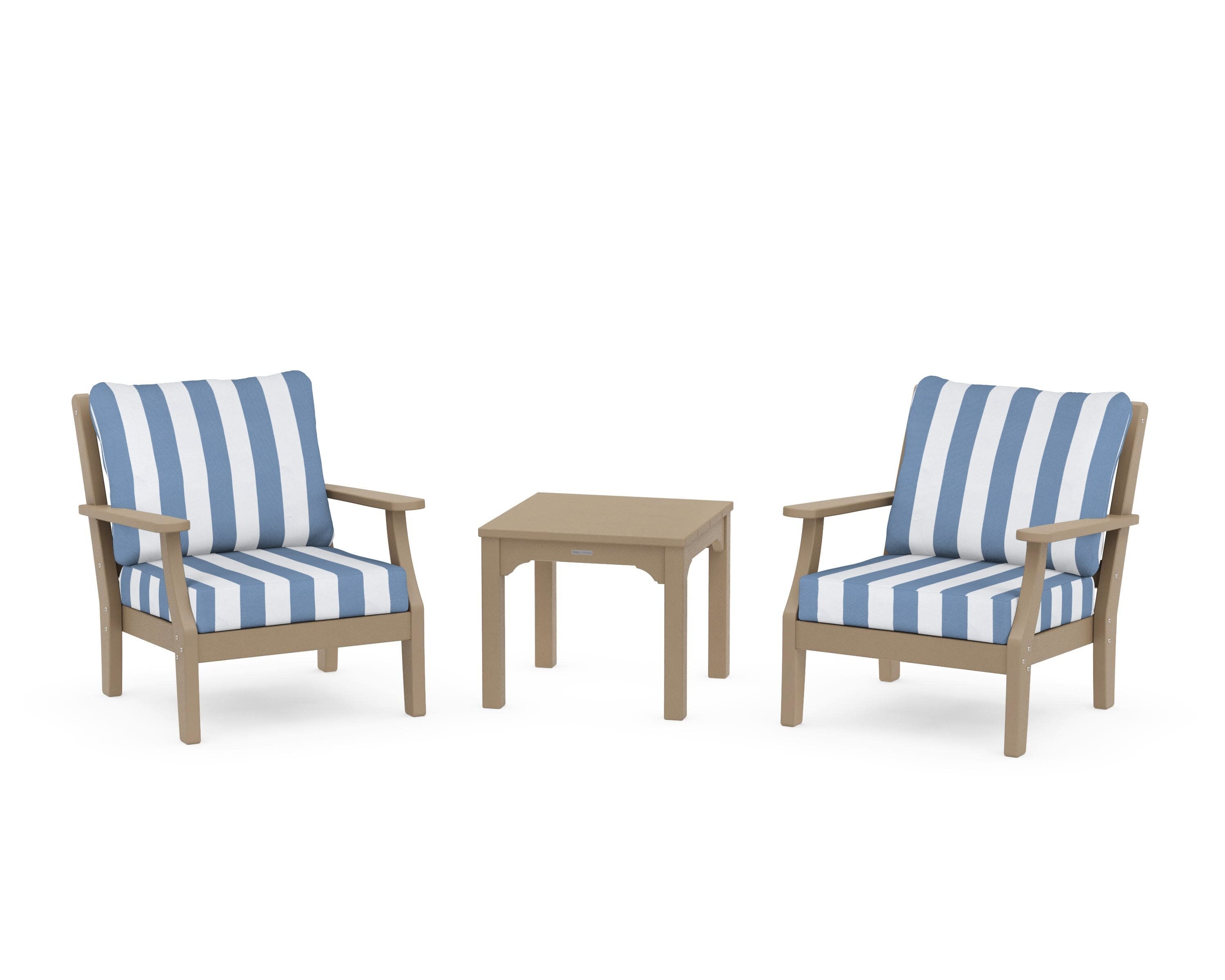 Chinoiserie 3-Piece Deep Seating Set in Vintage Sahara / Cabana Stripe Sky Blue