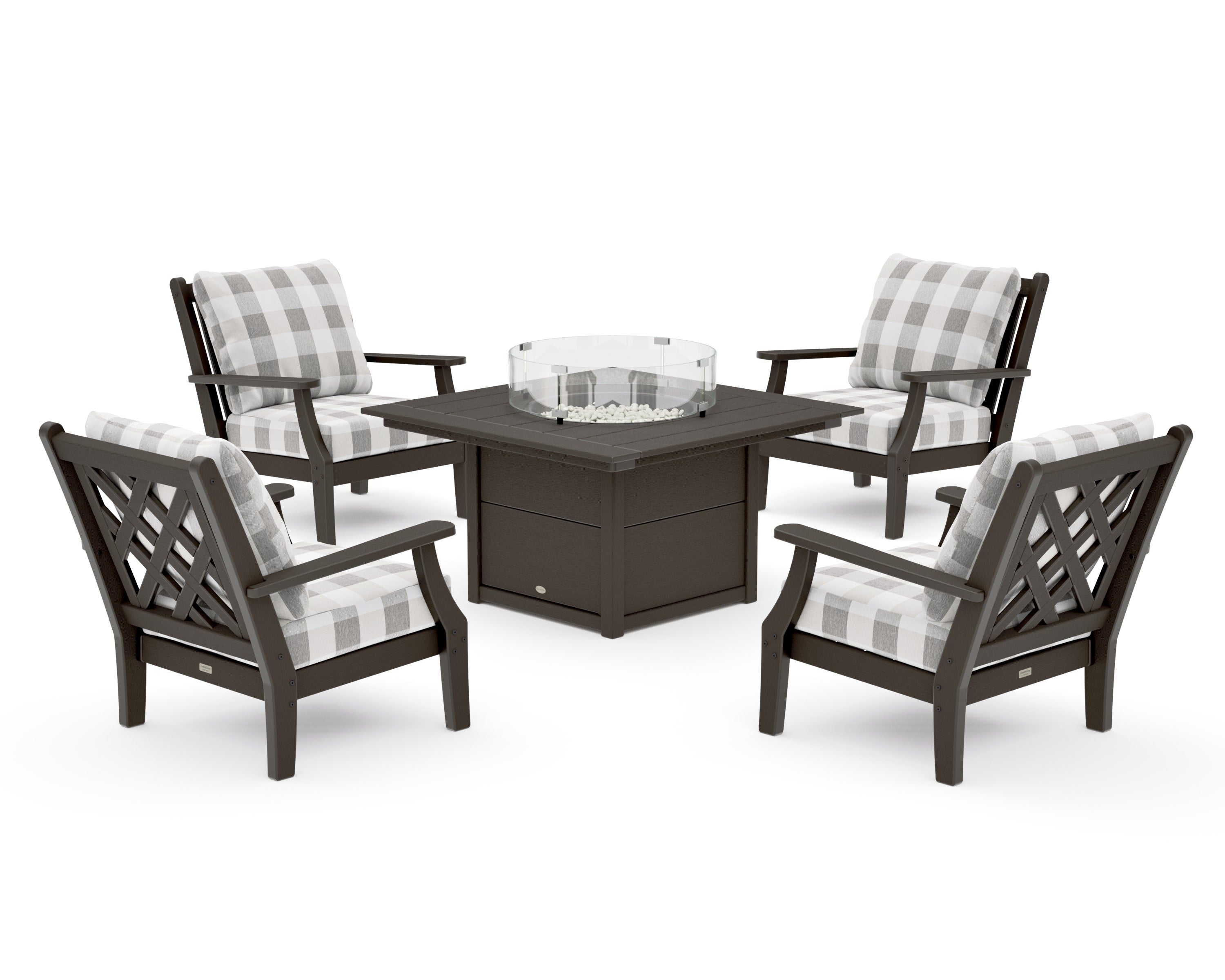 Wovendale 5-Piece Deep Seating Set with Fire Pit Table in Vintage Coffee / Buffalo Plaid Grey Mist