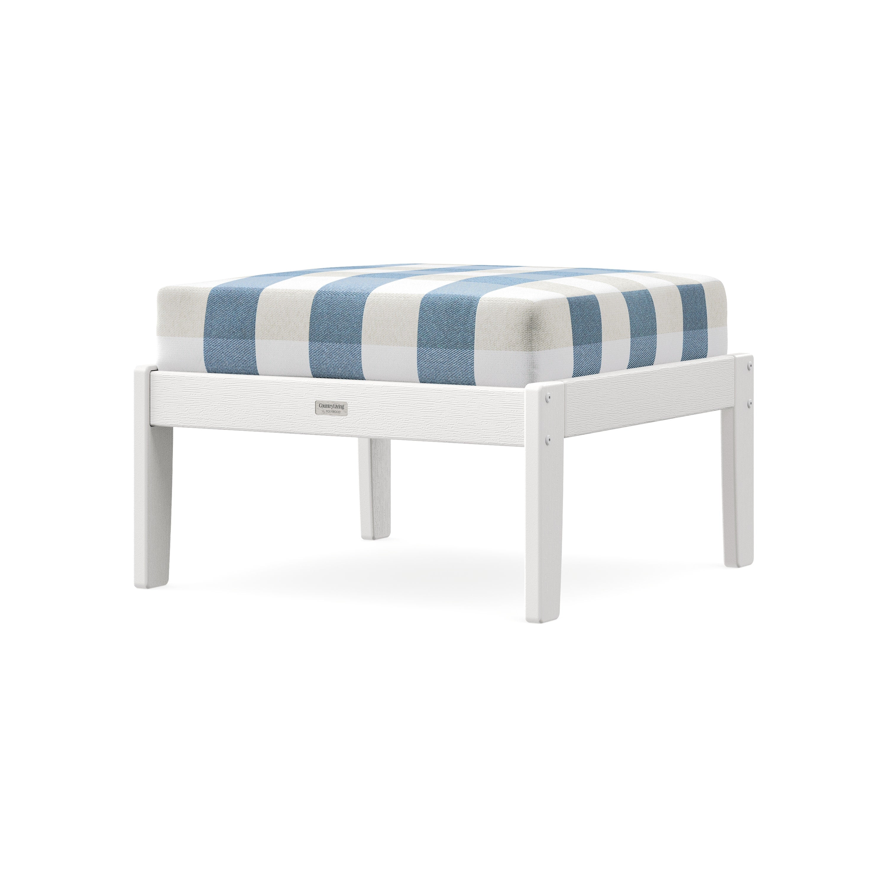 Cottage Deep Seating Ottoman in Vintage White / Buffalo Plaid Sky Blue