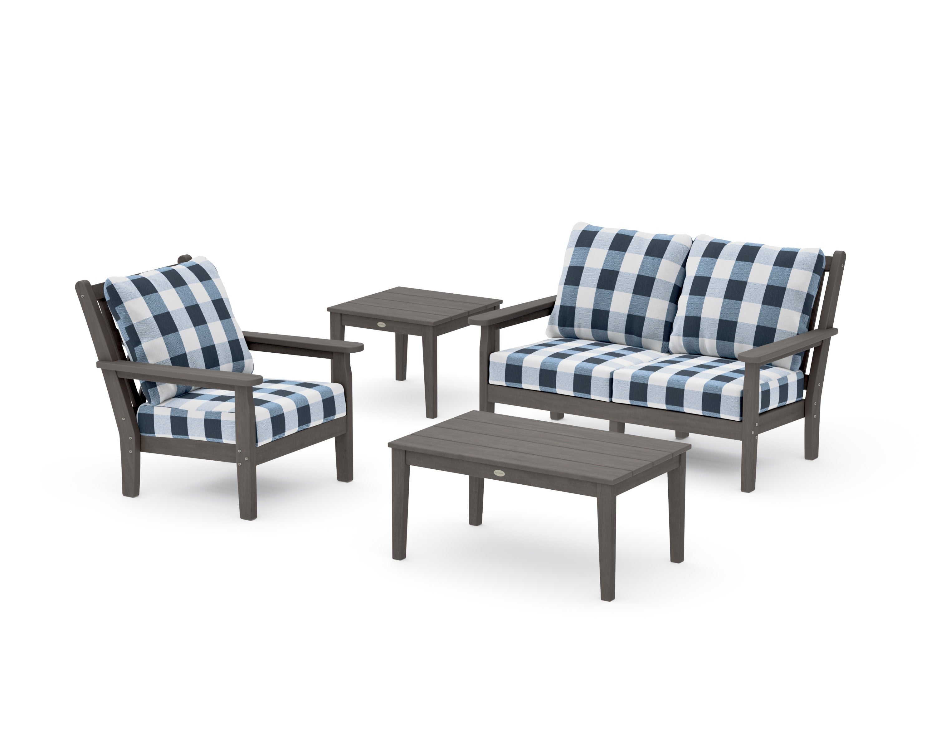 Chippendale 4-Piece Deep Seating Set in Driftwood / Buffalo Plaid Marine Indigo
