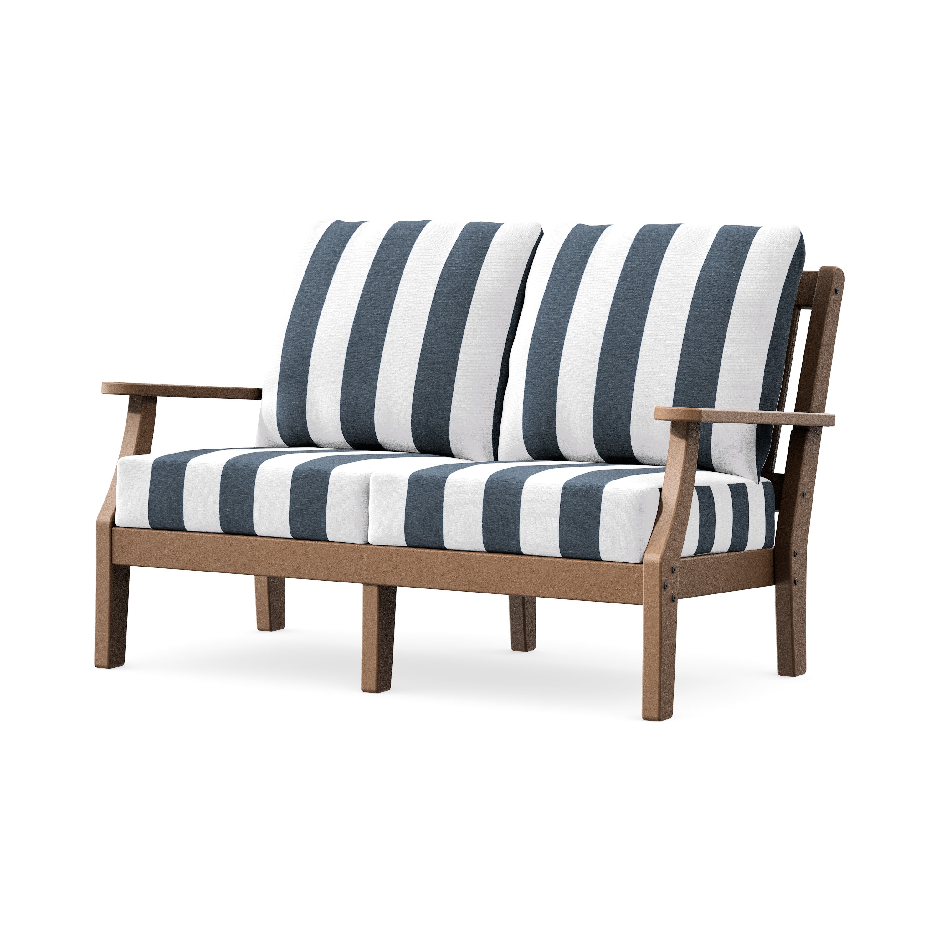 Chinoiserie Deep Seating Loveseat in Teak / Cabana Stripe Marine Indigo
