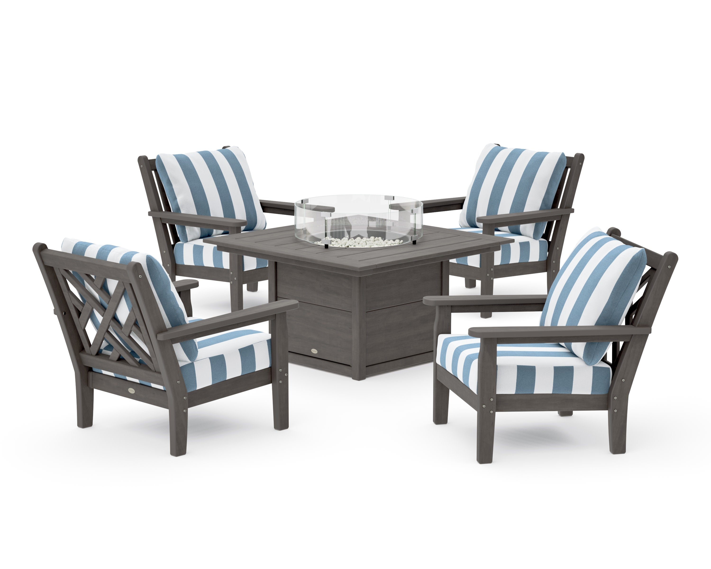 Chippendale 5-Piece Deep Seating Set with Fire Pit Table in Driftwood / Cabana Stripe Sky Blue