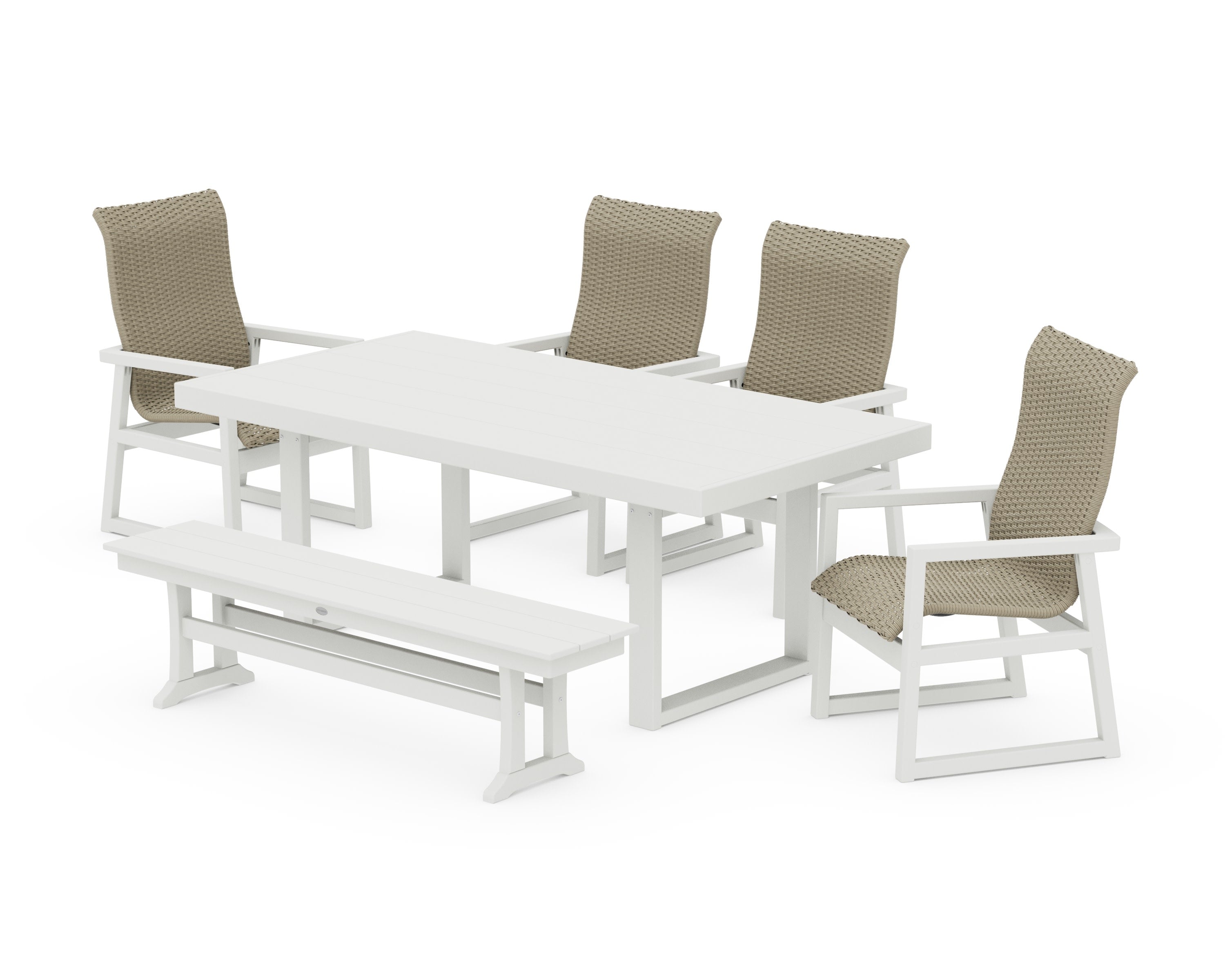 EDGE Woven Highback 6-Piece Dining Set with Bench in White / Dune Grass