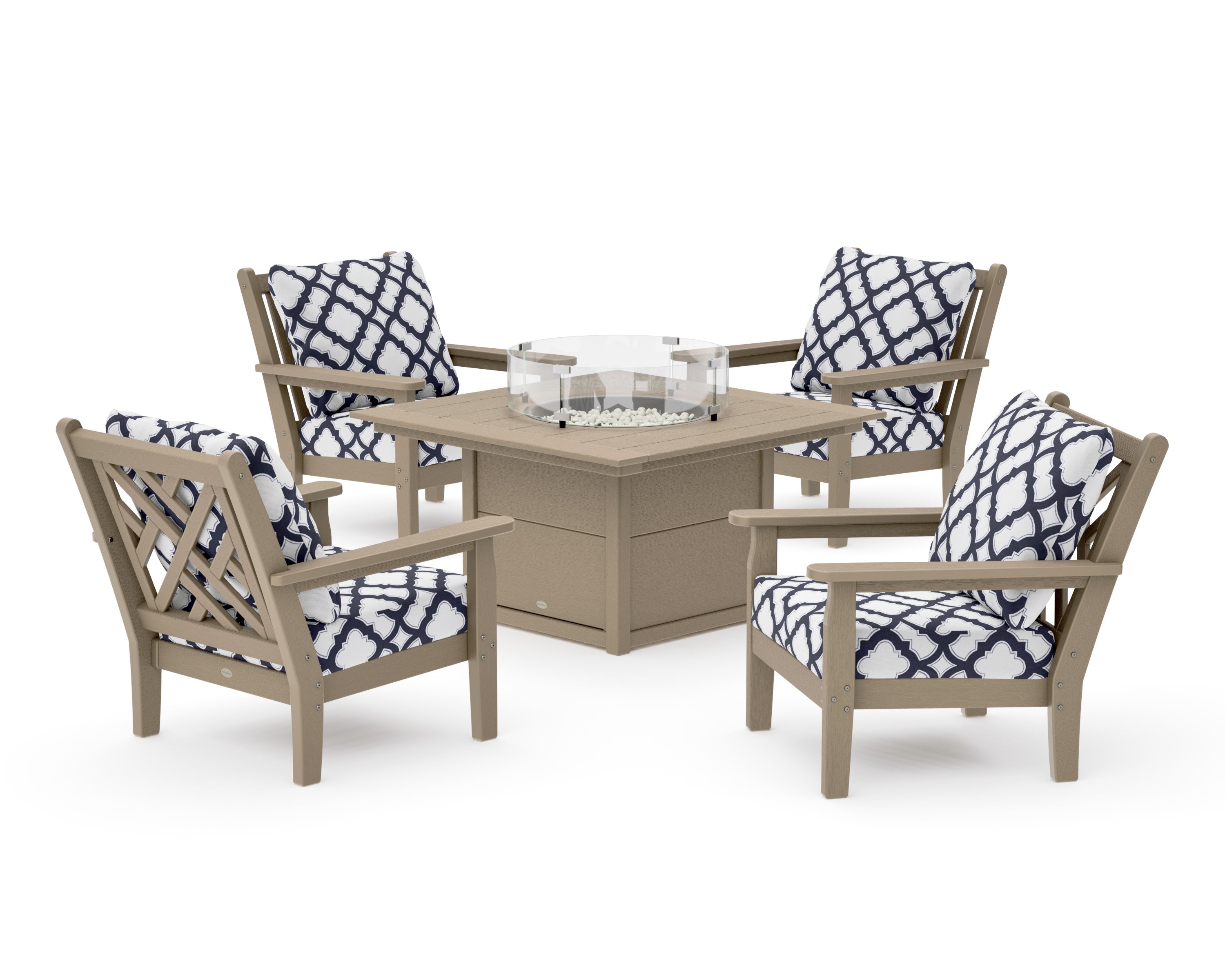 Chippendale 5-Piece Deep Seating Set with Fire Pit Table in Vintage Sahara / Trellis Navy