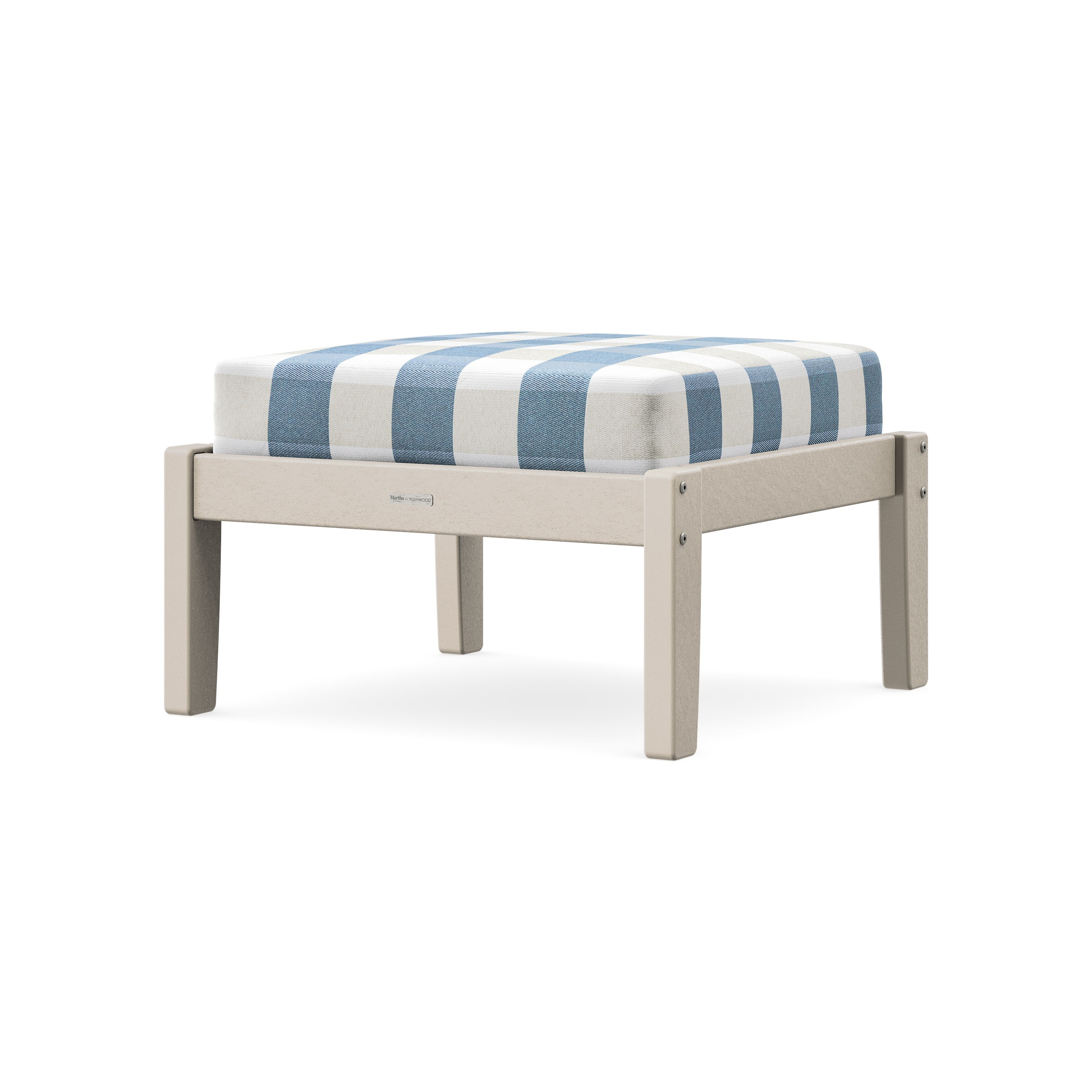 Chinoiserie Deep Seating Ottoman in Sand / Buffalo Plaid Sky Blue