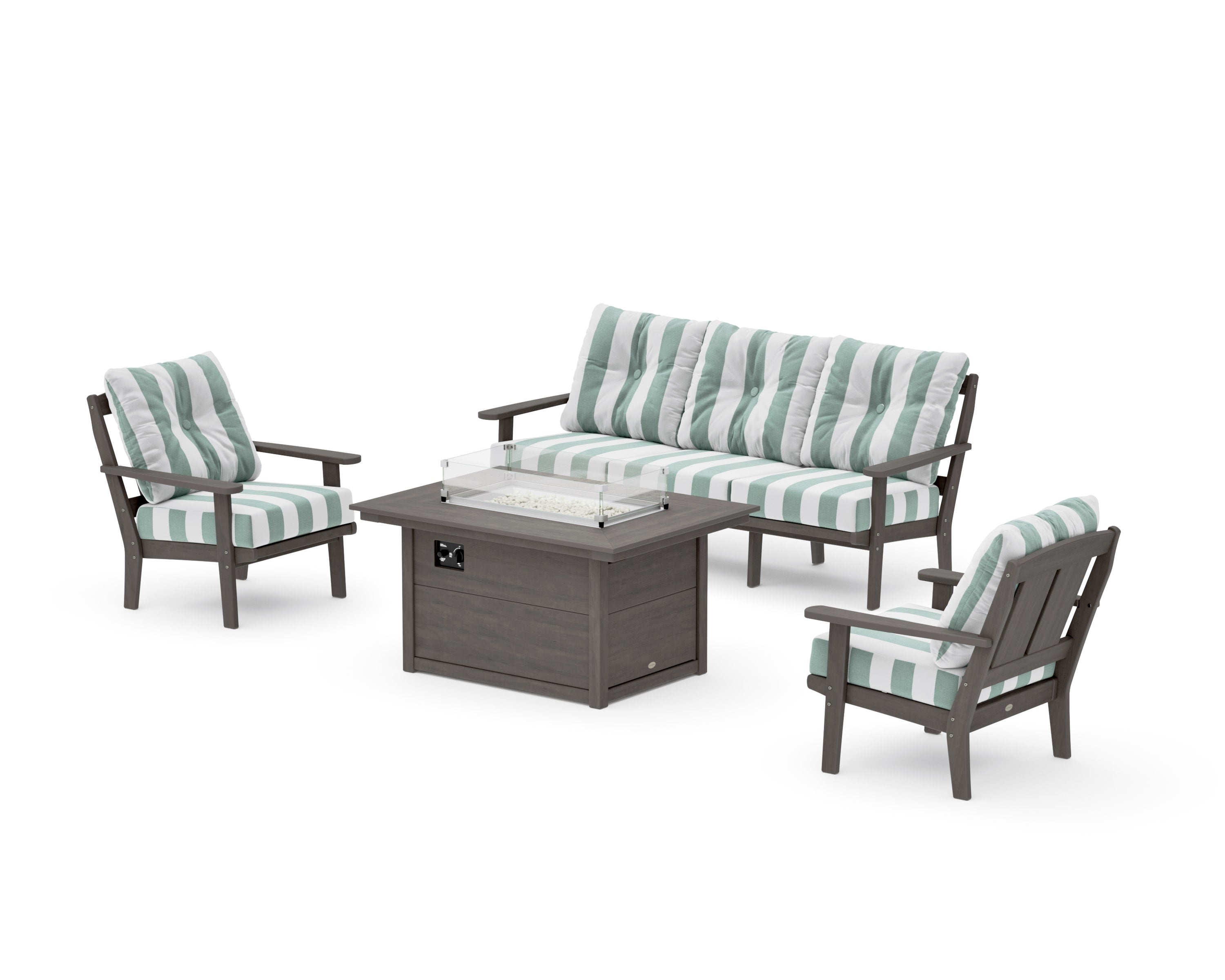 Mission Deep Seating Fire Pit Table Set in Driftwood / Cabana Stripe Glacier Spa