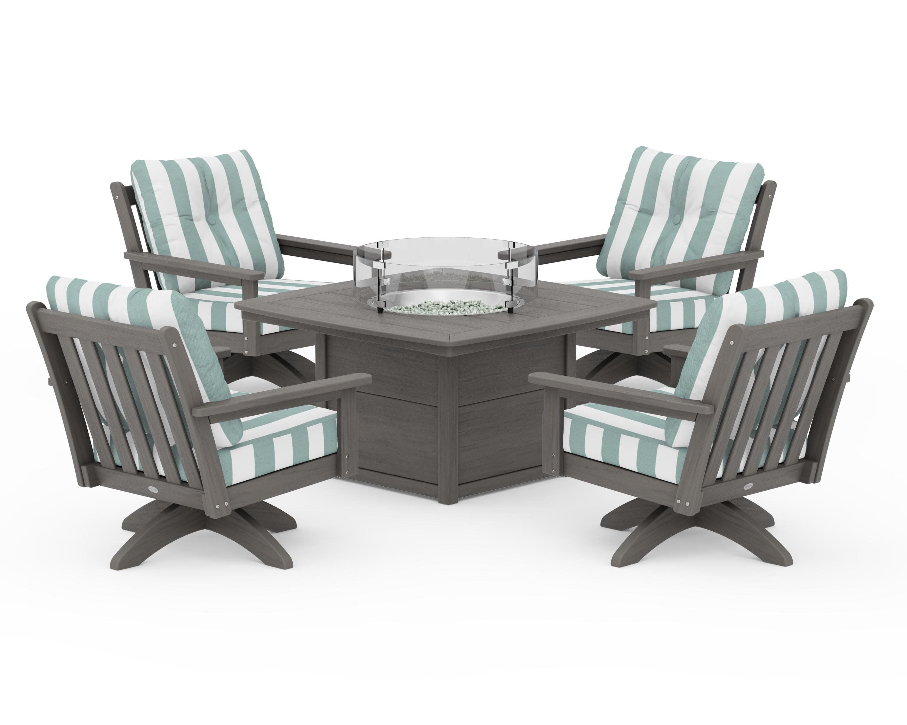 Vineyard 5-Piece Deep Seating Swivel Conversation Set with Fire Pit Table in Driftwood / Cabana Stripe Glacier Spa