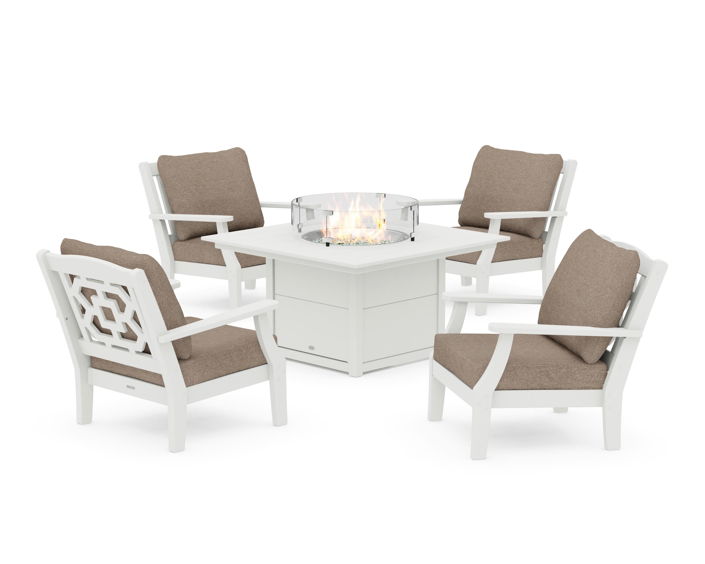 Chinoiserie 5-Piece Deep Seating Set with Fire Pit Table in Vintage White / Spiced Burlap