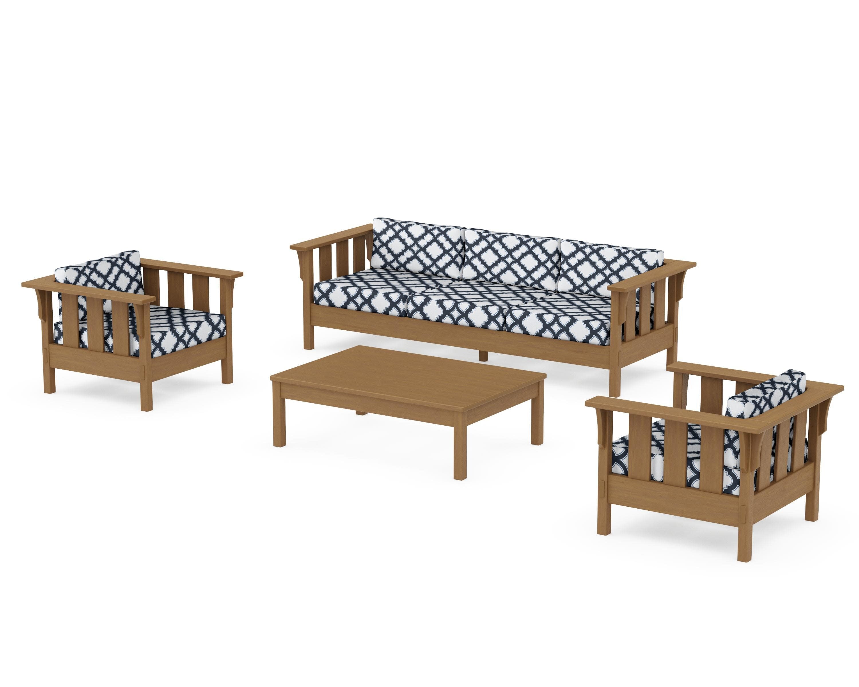 Acadia 4-Piece Deep Seating Set with Sofa in Natural / Trellis Marine Indigo