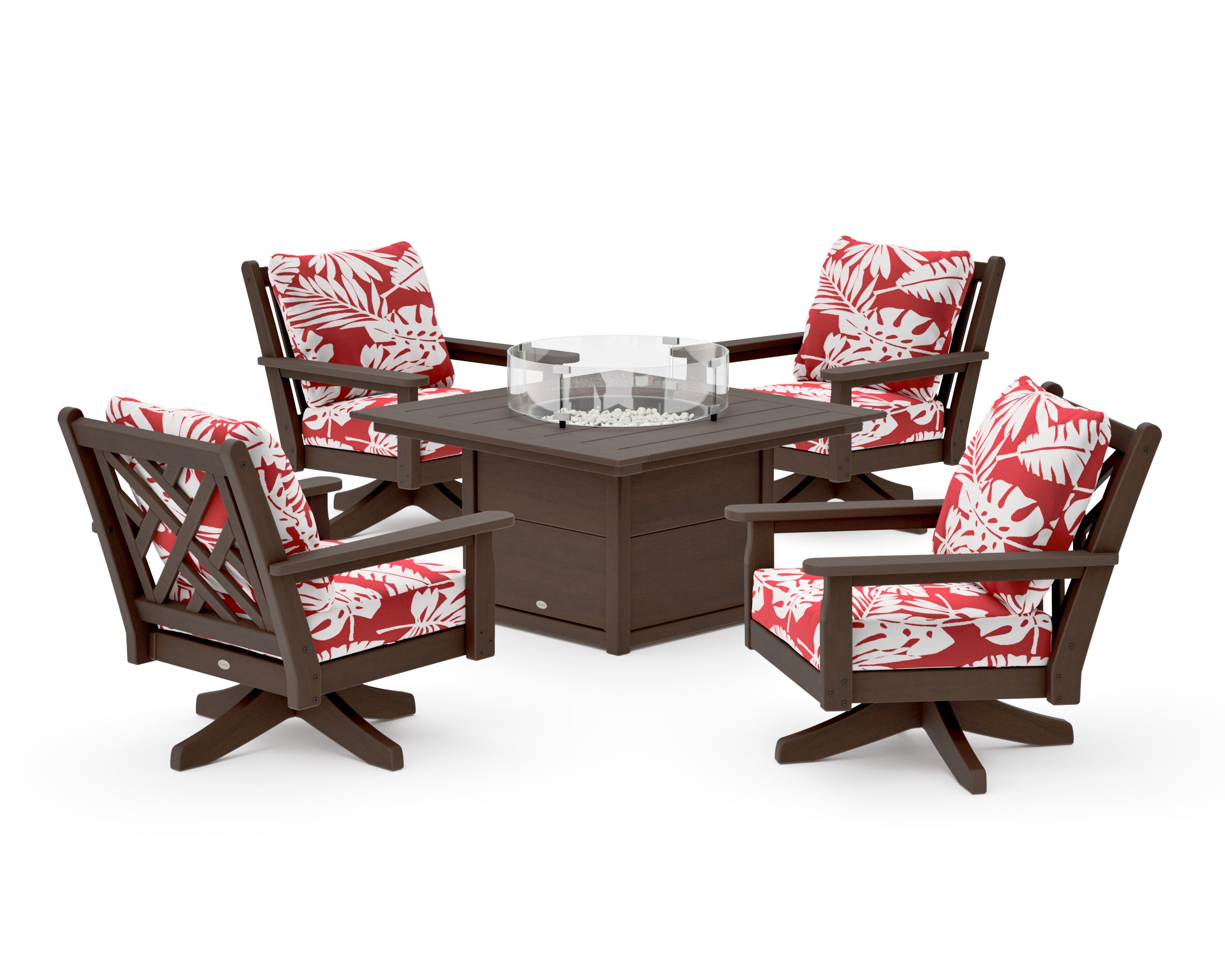 Chippendale 5-Piece Deep Seating Swivel Conversation Set with Fire Pit Table in Kona / Leaf Crimson