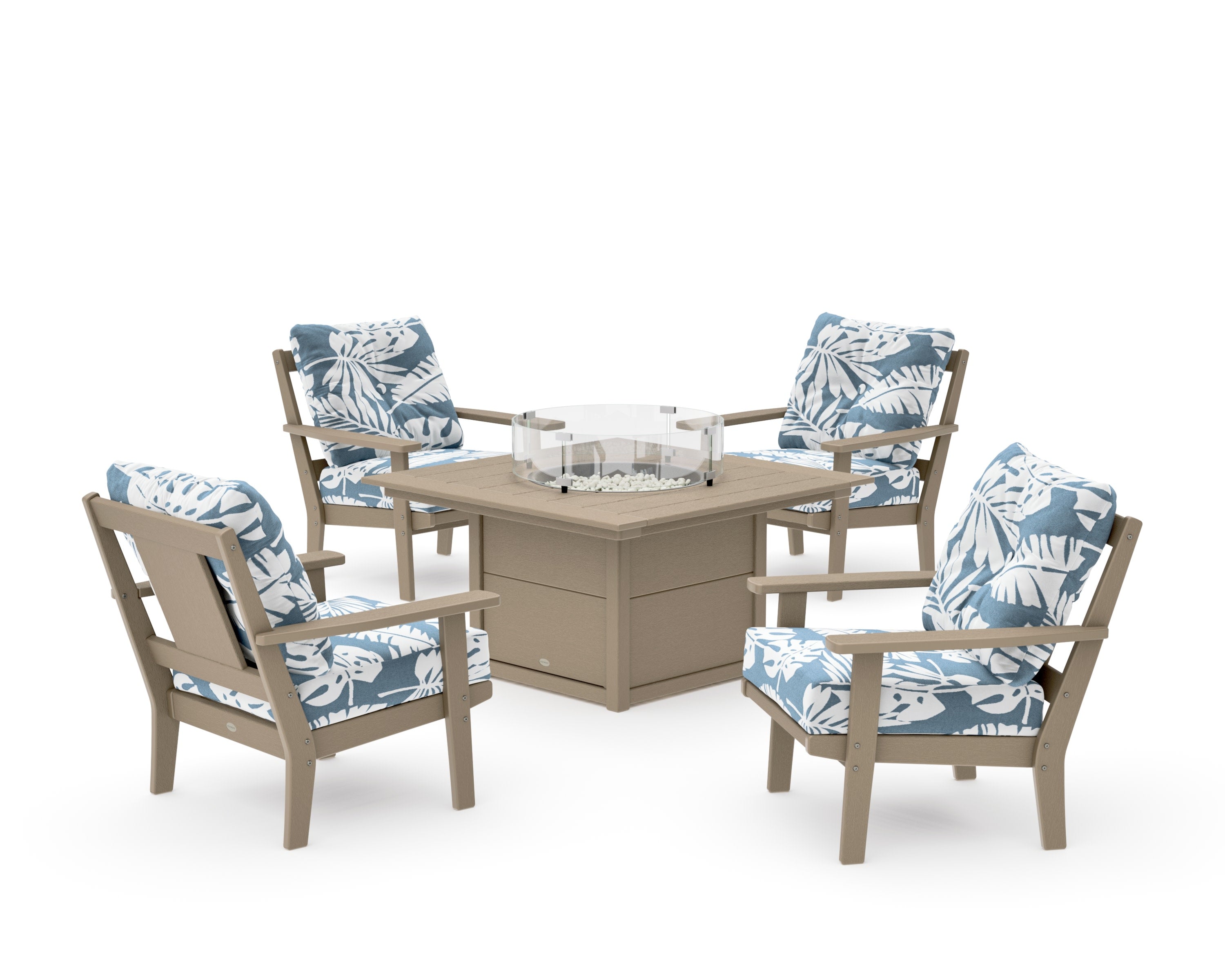 Prairie 5-Piece Deep Seating Set with Fire Pit Table in Vintage Sahara / Leaf Sky Blue
