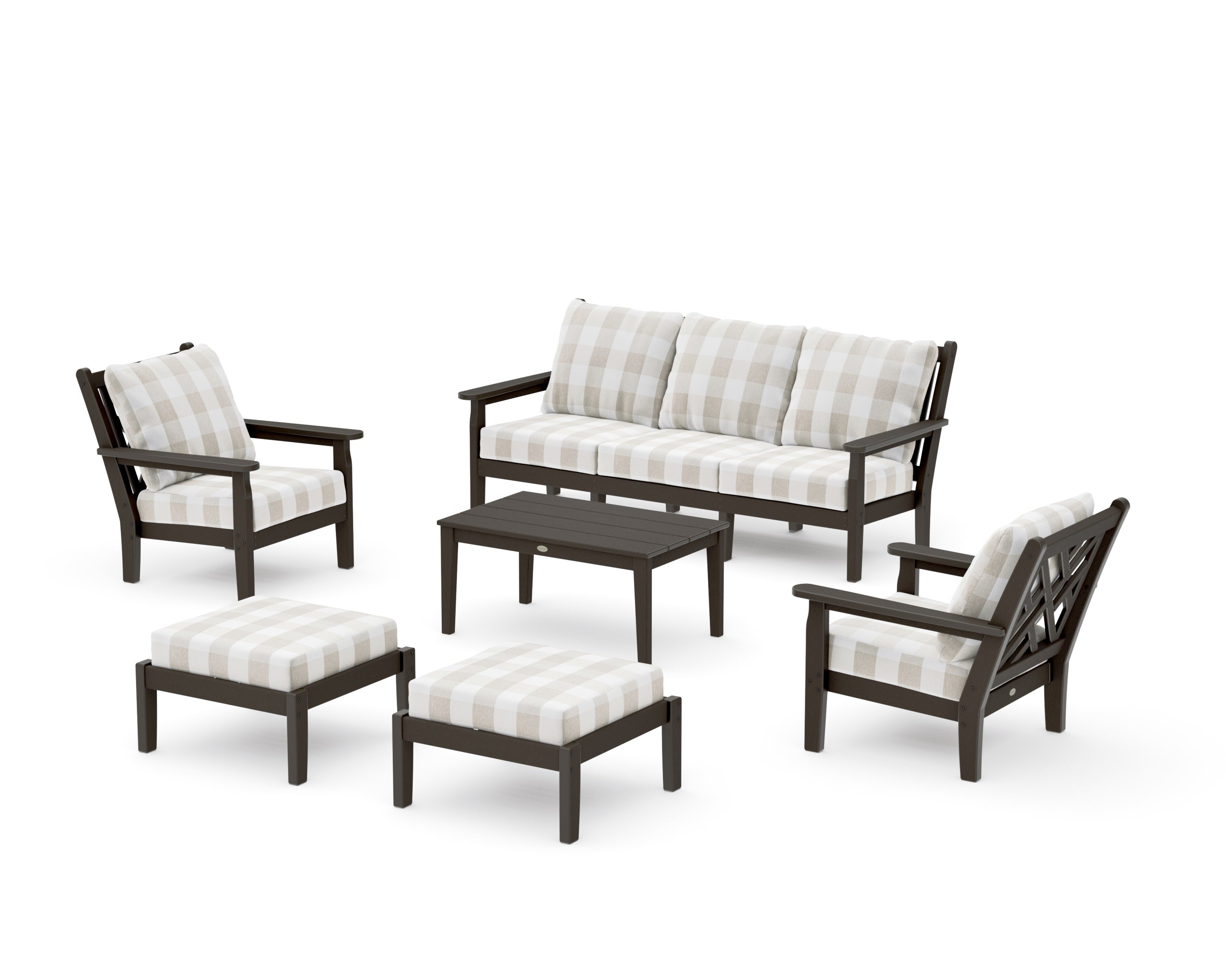 Chippendale 6-Piece Lounge Sofa Set in Vintage Coffee / Buffalo Plaid Dune Burlap
